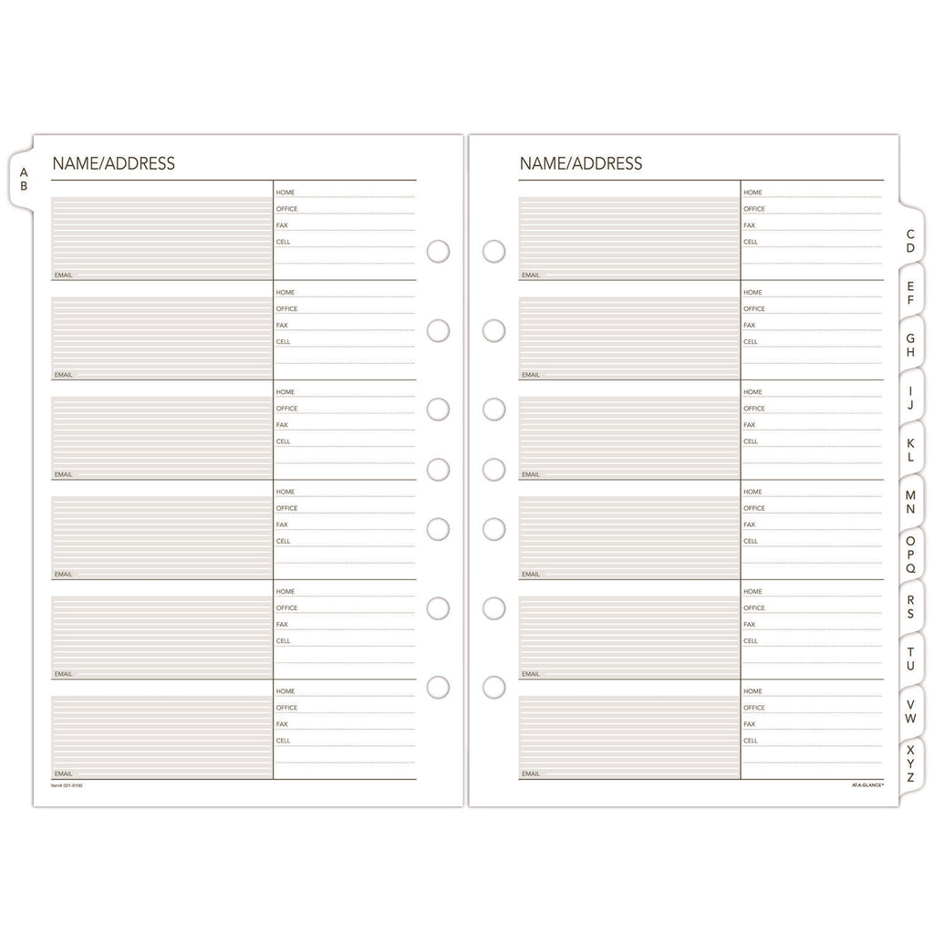 Telephone/Address 1/12-Cut A-Z Tab Refill for Planners/Organizers, 8.5 x 5.5, White Sheets, Undated - 2