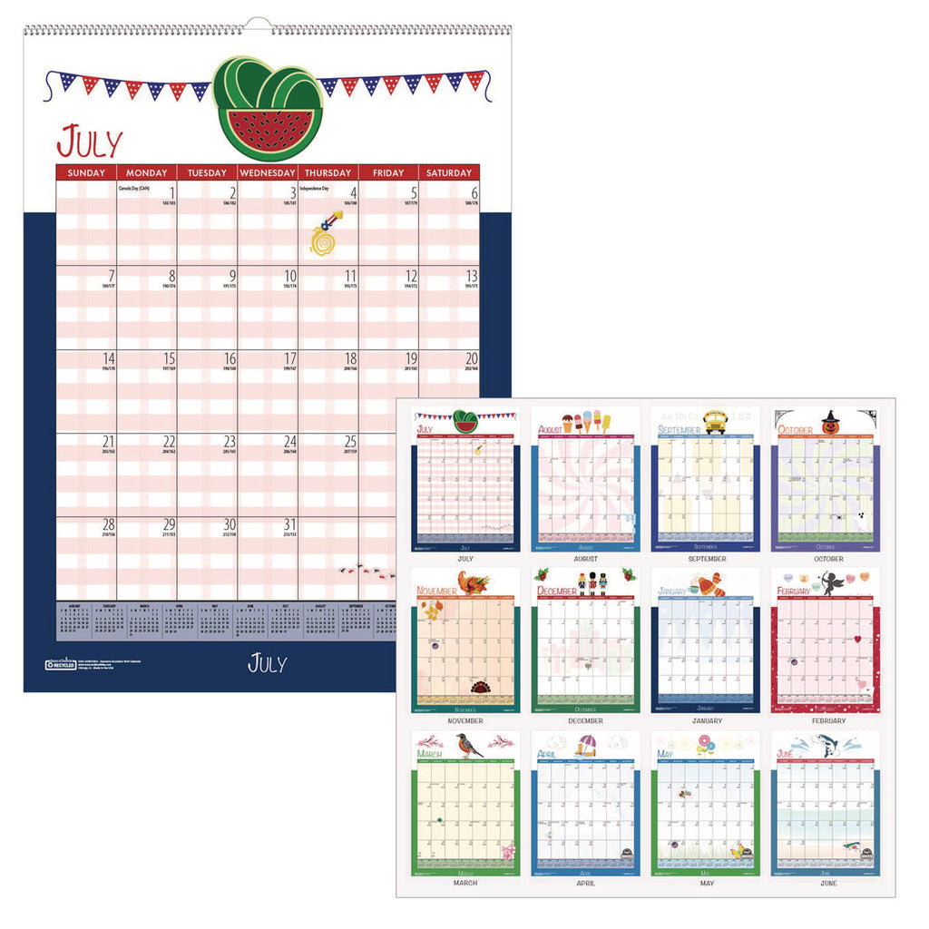 Recycled Seasonal Wall Calendar, Illustrated Seasons Artwork, 12 x 16.5, 12-Month (July to June): 2023 to 2024