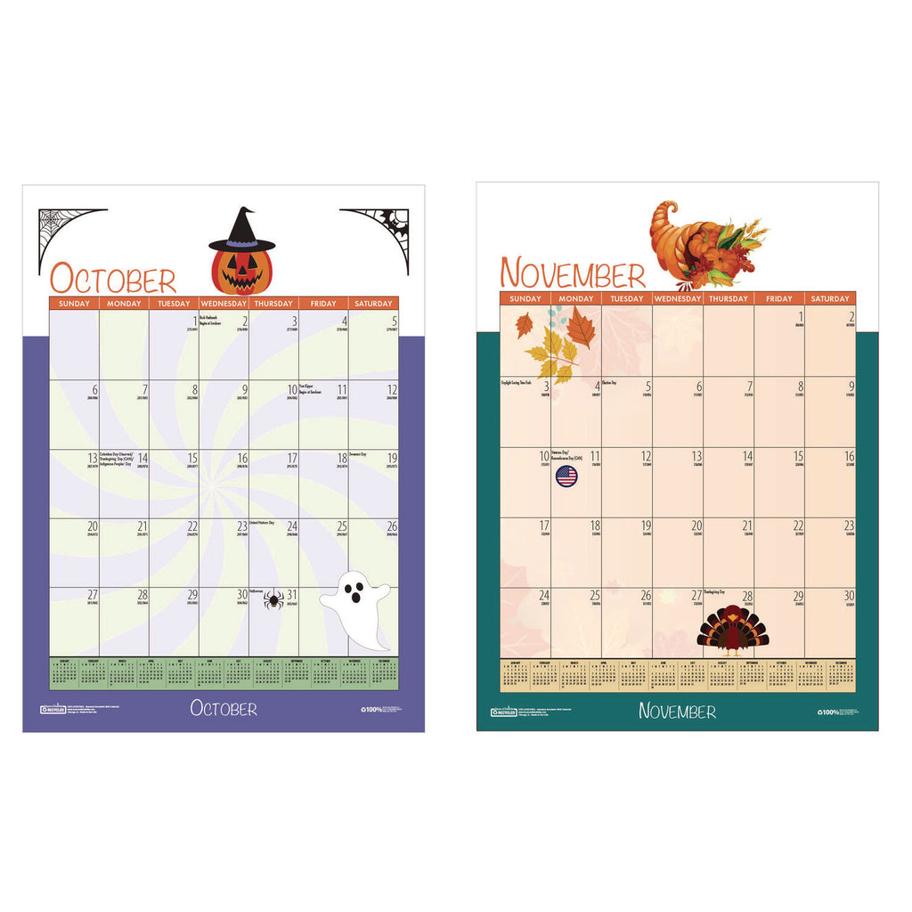Recycled Seasonal Wall Calendar, Illustrated Seasons Artwork, 12 x 16.5, 12-Month (July to June): 2023 to 2024