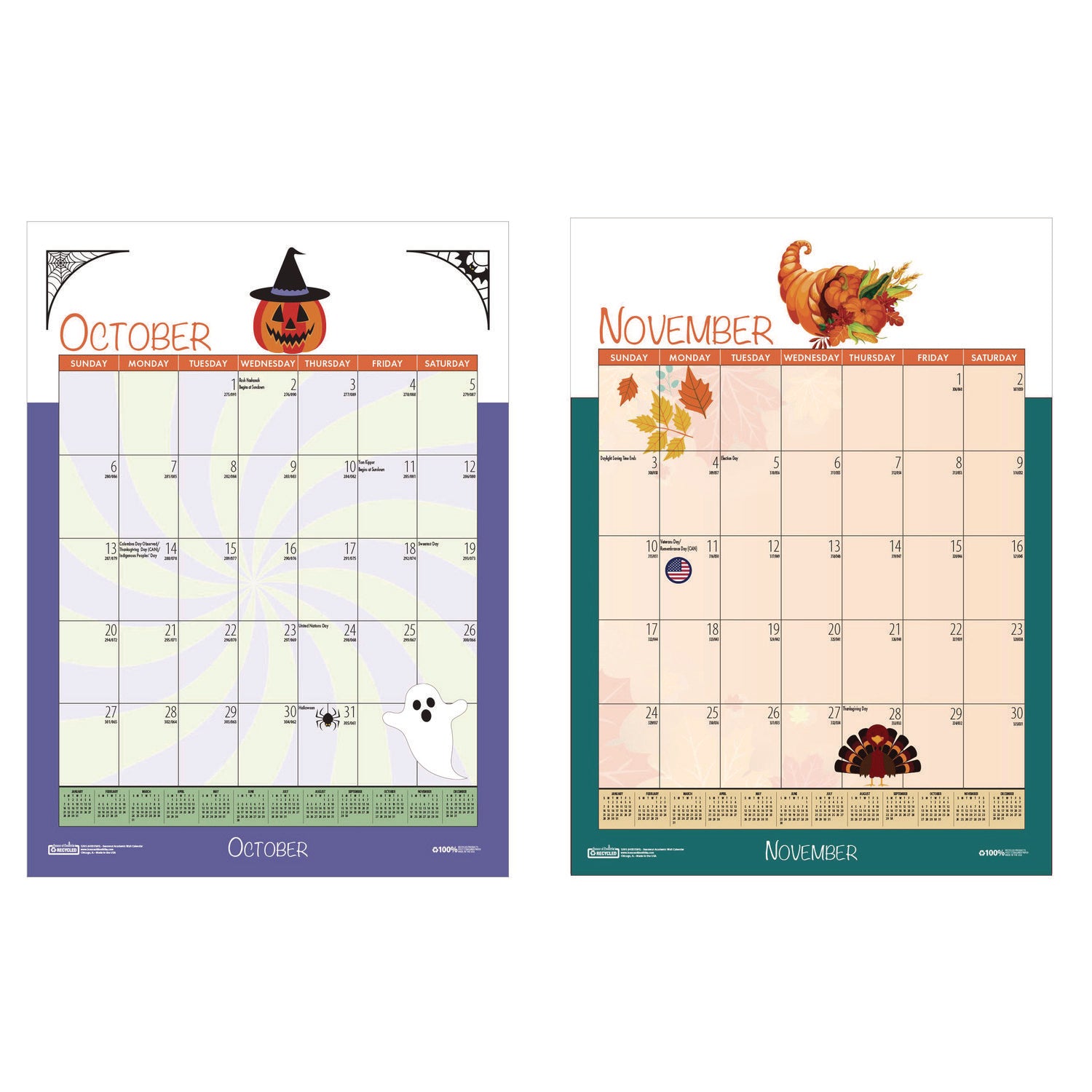 Recycled Seasonal Wall Calendar, Illustrated Seasons Artwork, 12 x 16.5, 12-Month (July to June): 2023 to 2024
