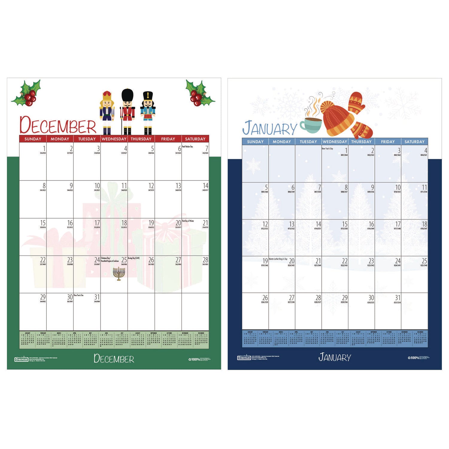 Recycled Seasonal Wall Calendar, Illustrated Seasons Artwork, 12 x 16.5, 12-Month (July to June): 2023 to 2024