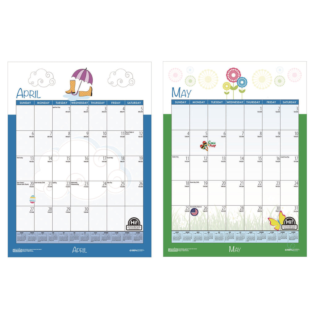 Recycled Seasonal Wall Calendar, Illustrated Seasons Artwork, 12 x 16.5, 12-Month (July to June): 2023 to 2024