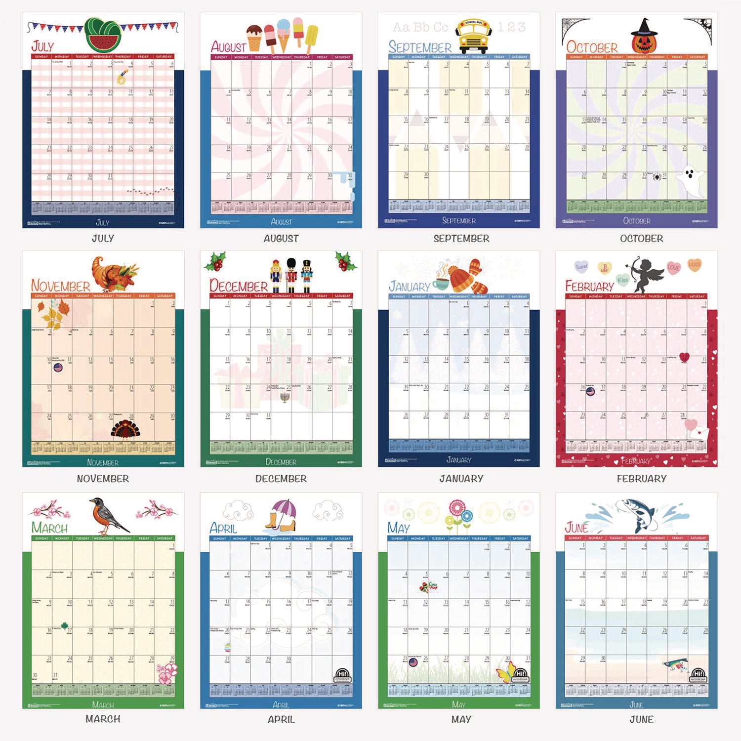 Recycled Seasonal Wall Calendar, Illustrated Seasons Artwork, 12 x 16.5, 12-Month (July to June): 2023 to 2024