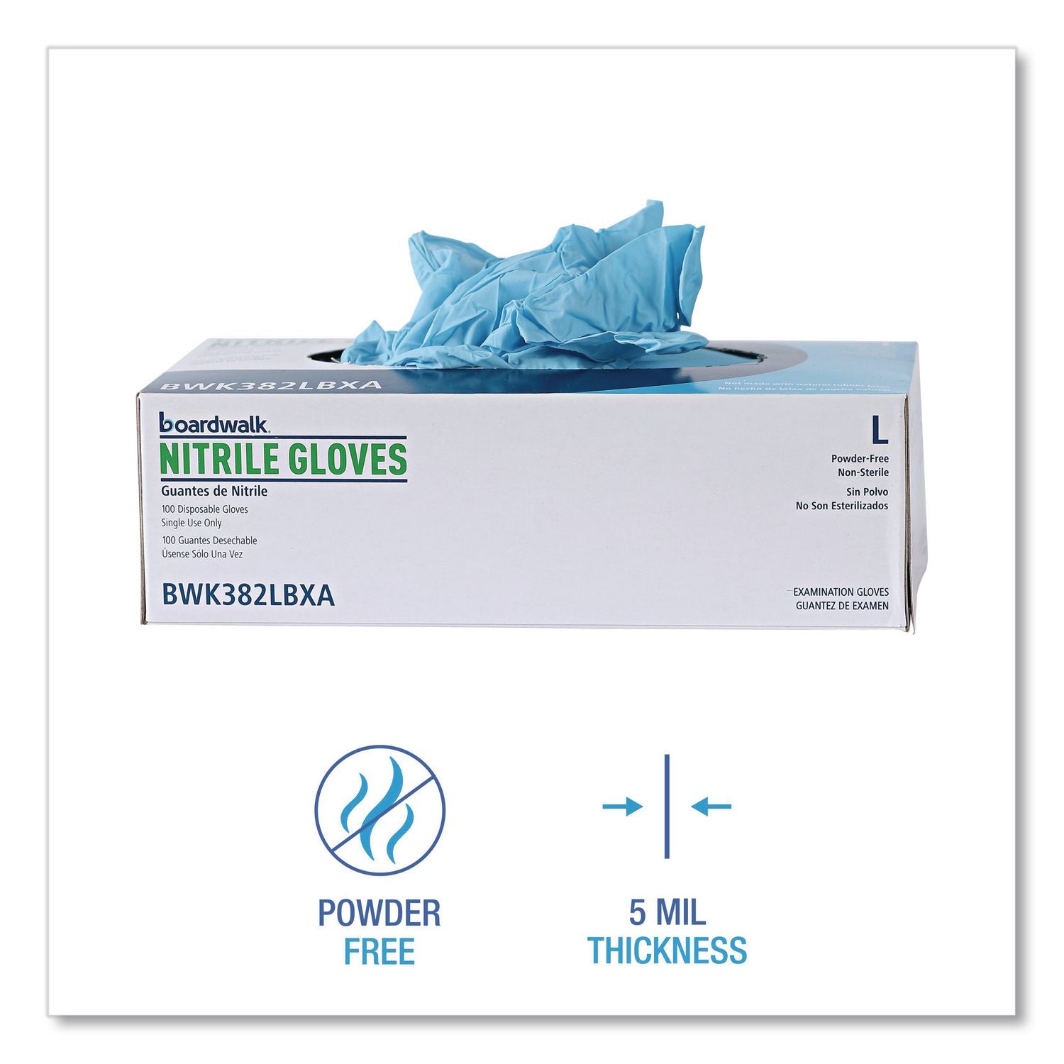Disposable Examination Nitrile Gloves, Large, Blue, 5 mil, 1,000/Carton