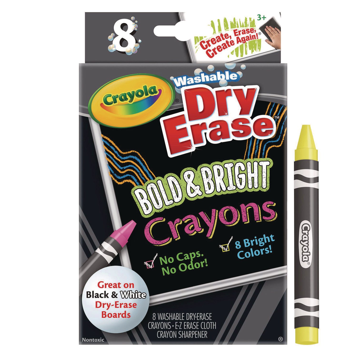 Washable Dry Erase Crayons w/E-Z Erase Cloth, Assorted Bright Colors, 8/Box - 2