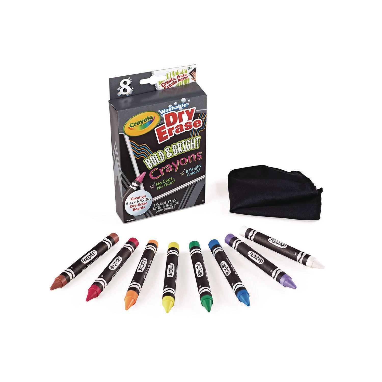 Washable Dry Erase Crayons w/E-Z Erase Cloth, Assorted Bright Colors, 8/Box - 3