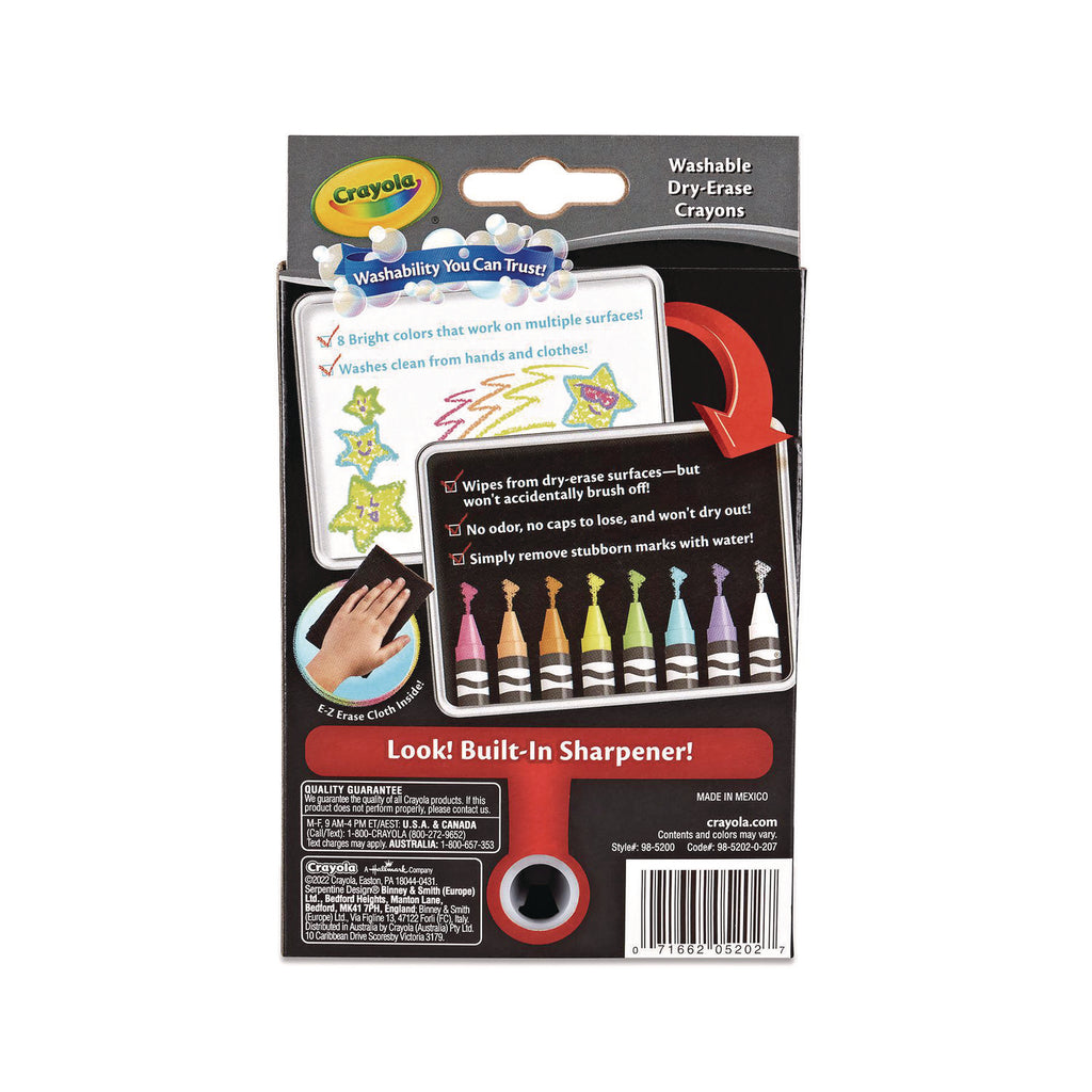 Washable Dry Erase Crayons w/E-Z Erase Cloth, Assorted Bright Colors, 8/Box