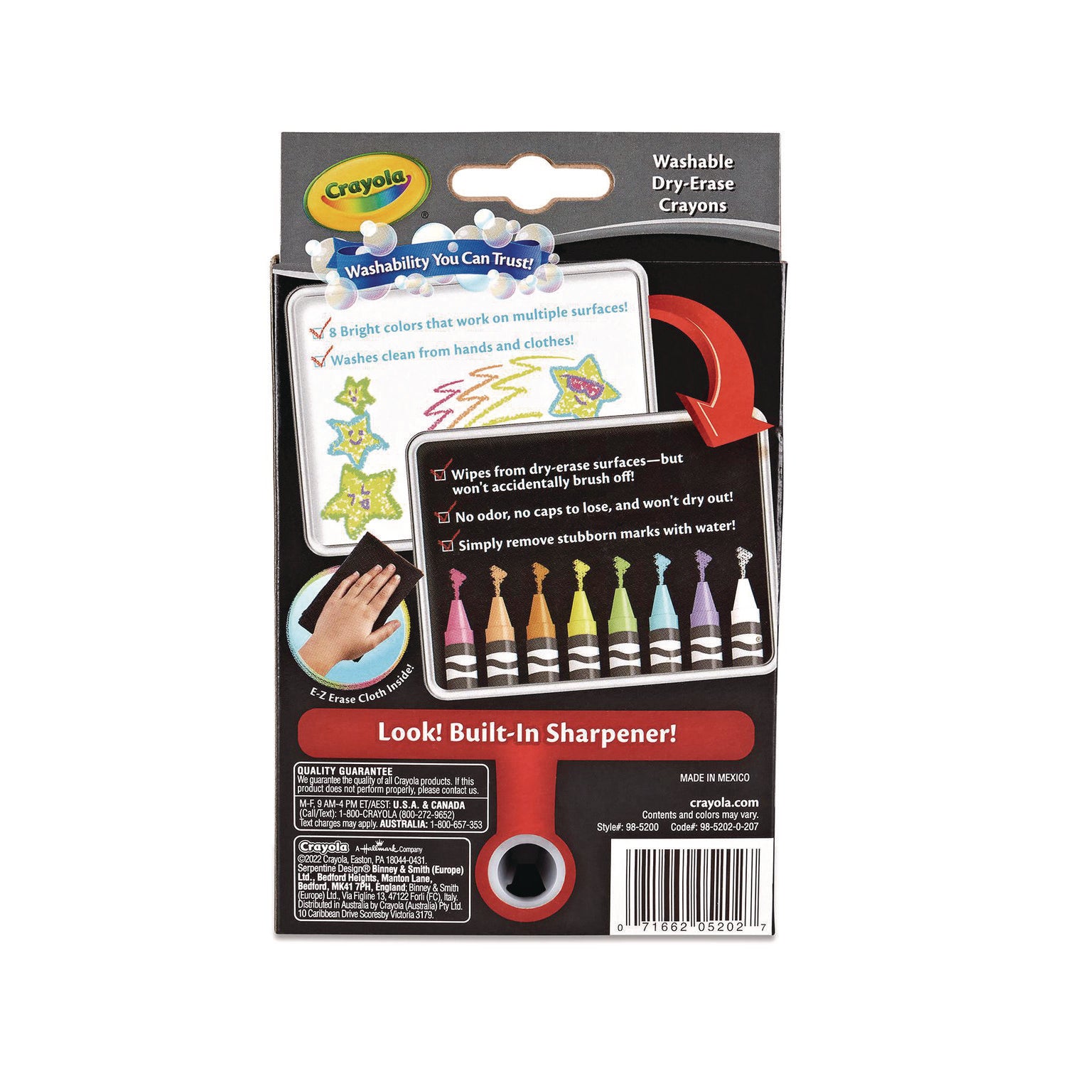 Washable Dry Erase Crayons w/E-Z Erase Cloth, Assorted Bright Colors, 8/Box