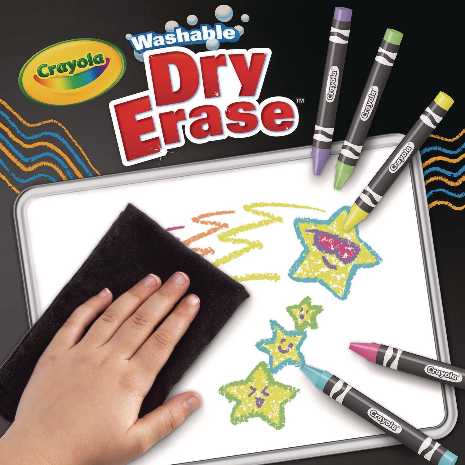 Washable Dry Erase Crayons w/E-Z Erase Cloth, Assorted Bright Colors, 8/Box