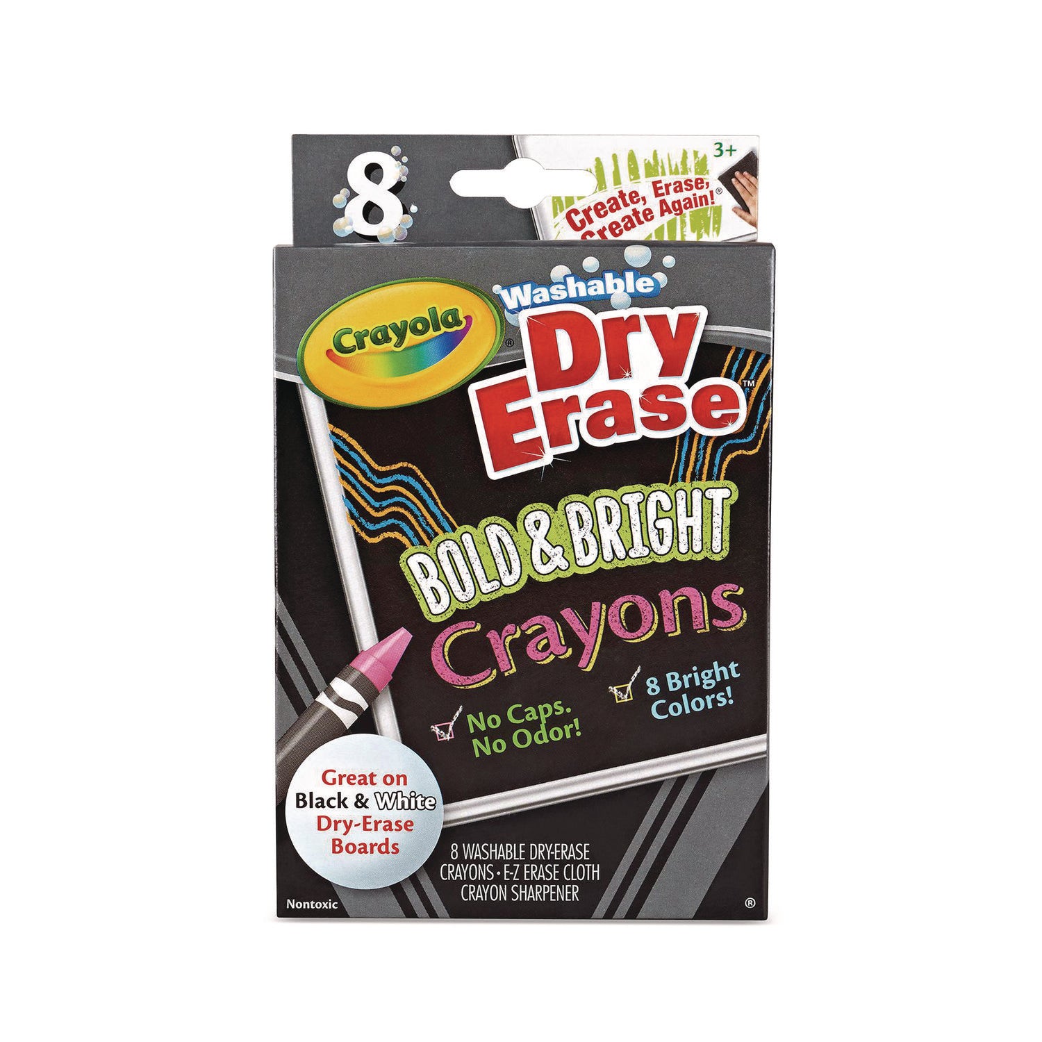 Washable Dry Erase Crayons w/E-Z Erase Cloth, Assorted Bright Colors, 8/Box - 1