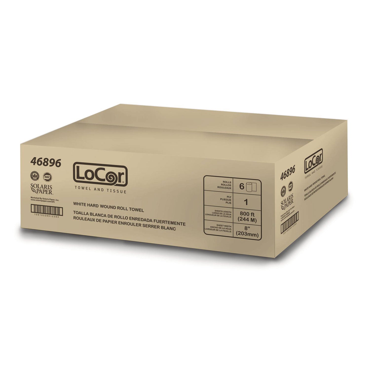 LoCor Hardwound Roll Towels - 1 Ply - 8" x 800 ft - White - Virgin Fiber - Hygienic, Embossed, Strong, Absorbent - For Washroom - 6 / Carton - 2