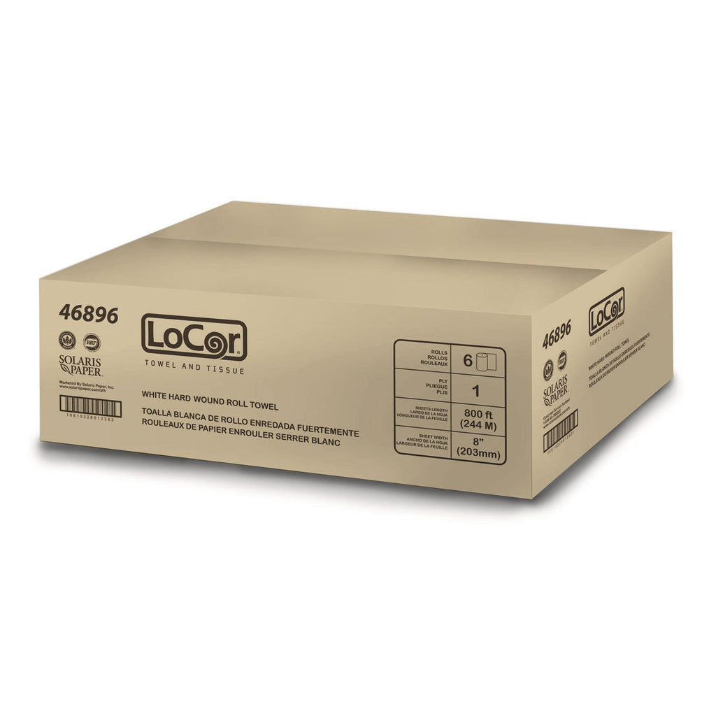 LoCor Hardwound Roll Towels - 1 Ply - 8" x 800 ft - White - Virgin Fiber - Hygienic, Embossed, Strong, Absorbent - For Washroom - 6 / Carton