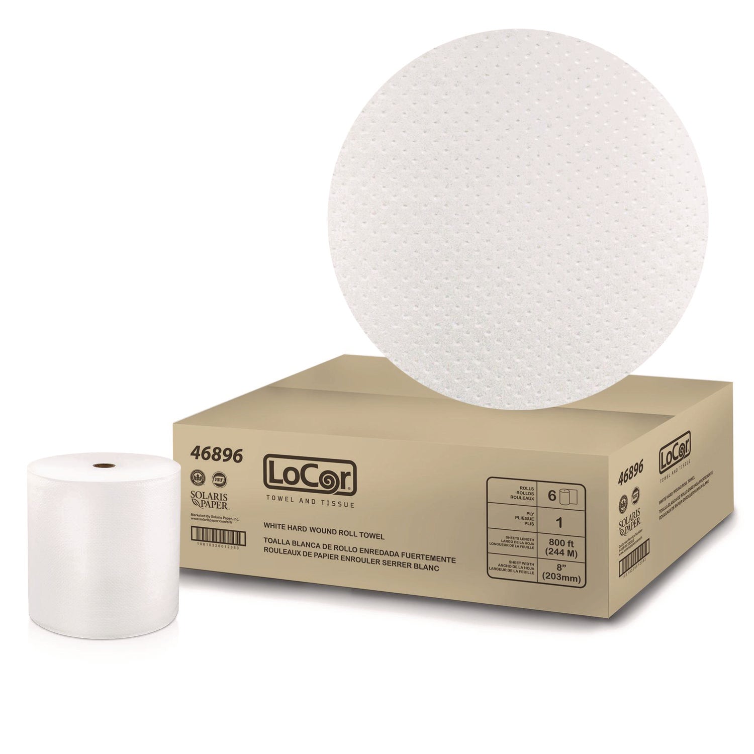 LoCor Hardwound Roll Towels - 1 Ply - 8" x 800 ft - White - Virgin Fiber - Hygienic, Embossed, Strong, Absorbent - For Washroom - 6 / Carton - 3