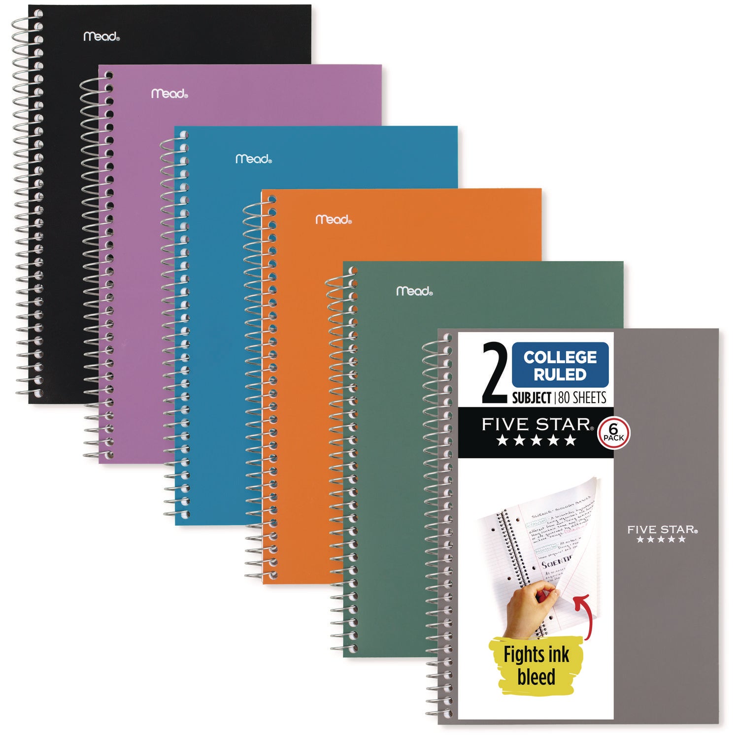 Mead Five Star Wirebound Subject Notebook - 2 Subject(s) - 100 Sheets - Spiral Bound - 6" x 9 1/2" - 9" x 7" x 2" - Assorted Cover - Durable Cover, Bleed Resistant, Perforated, Spiral Lock, Pocket Divider, Durable Cover, Smooth - 6 / Pack - 1