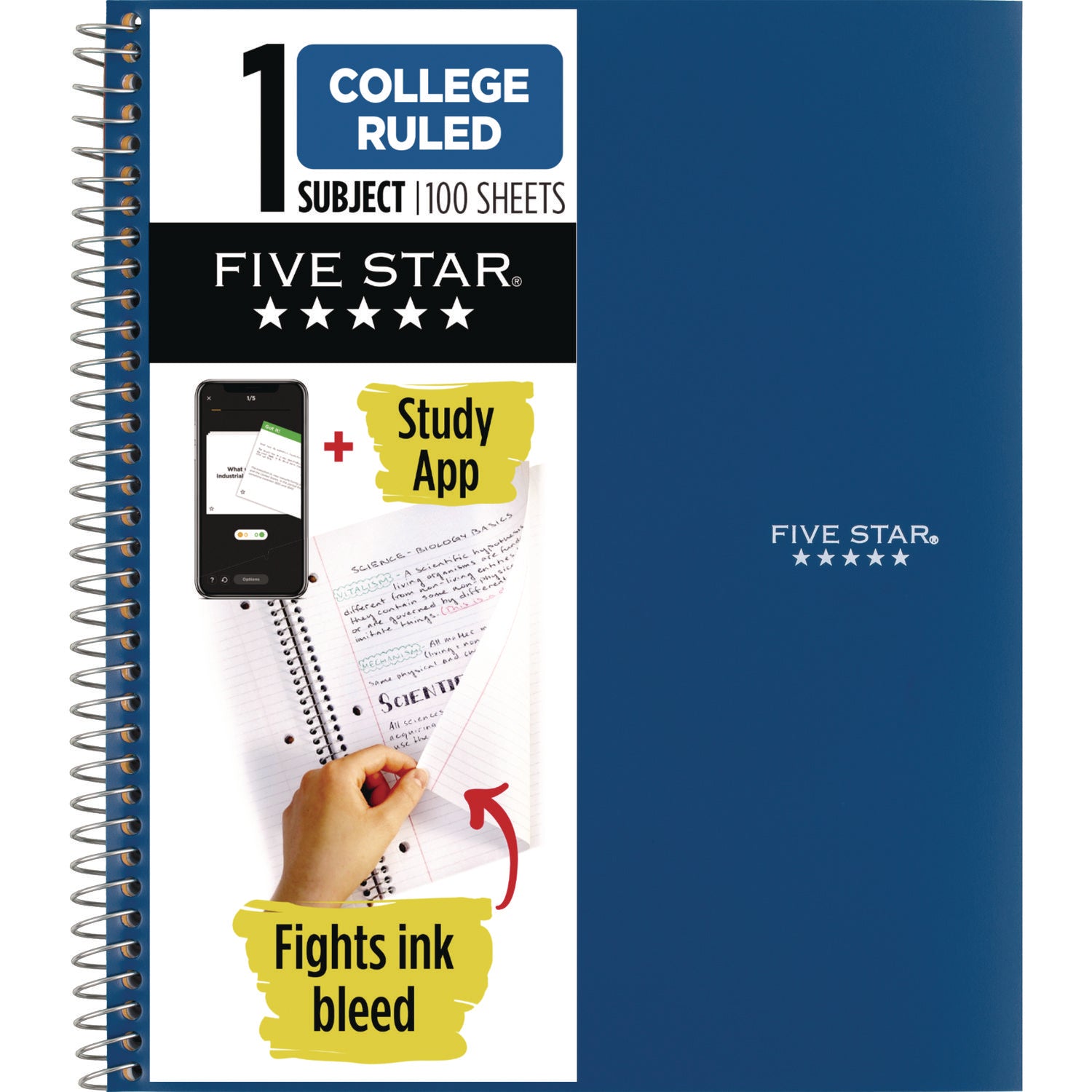 Five Star Wirebound Notebook - 1 Subject(s) - 100 Pages - Wire Bound - College Ruled - Letter - 8 1/2" x 11" - Blue Cover - Double Sided Sheet, Durable, Water Resistant, Wear Resistant, Tear Proof, Spill Resistant, Pocket, Opaque - 1 Each - 1