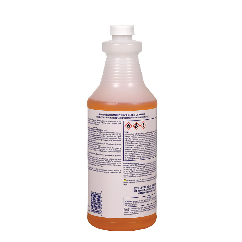 Zep Commercial Big Orange Citrus Industrial Cleaner - 32 fl oz (1 quart) - Orange Citrus Scent - 12 / Box - Deodorize, Organic, Caustic-free, Petroleum Free, Deodorant, Pleasant Scent, Butyl-free, Phosphate-free - Orange
