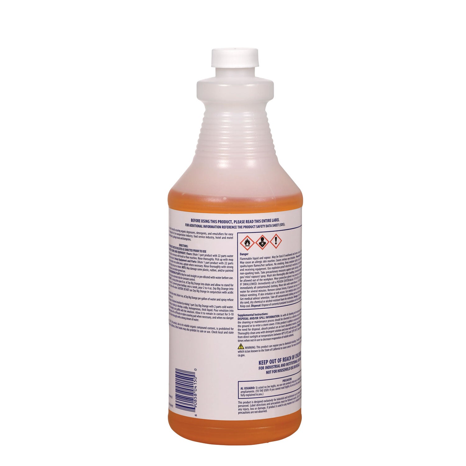 Zep Commercial Big Orange Citrus Industrial Cleaner - 32 fl oz (1 quart) - Orange Citrus Scent - 12 / Box - Deodorize, Organic, Caustic-free, Petroleum Free, Deodorant, Pleasant Scent, Butyl-free, Phosphate-free - Orange