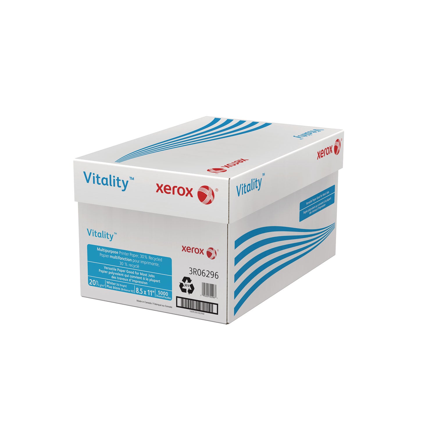 Vitality 30% Recycled Multipurpose Paper, 92 Bright, 20 lb Bond Weight, 8.5 x 11, White, 500/Ream - 2