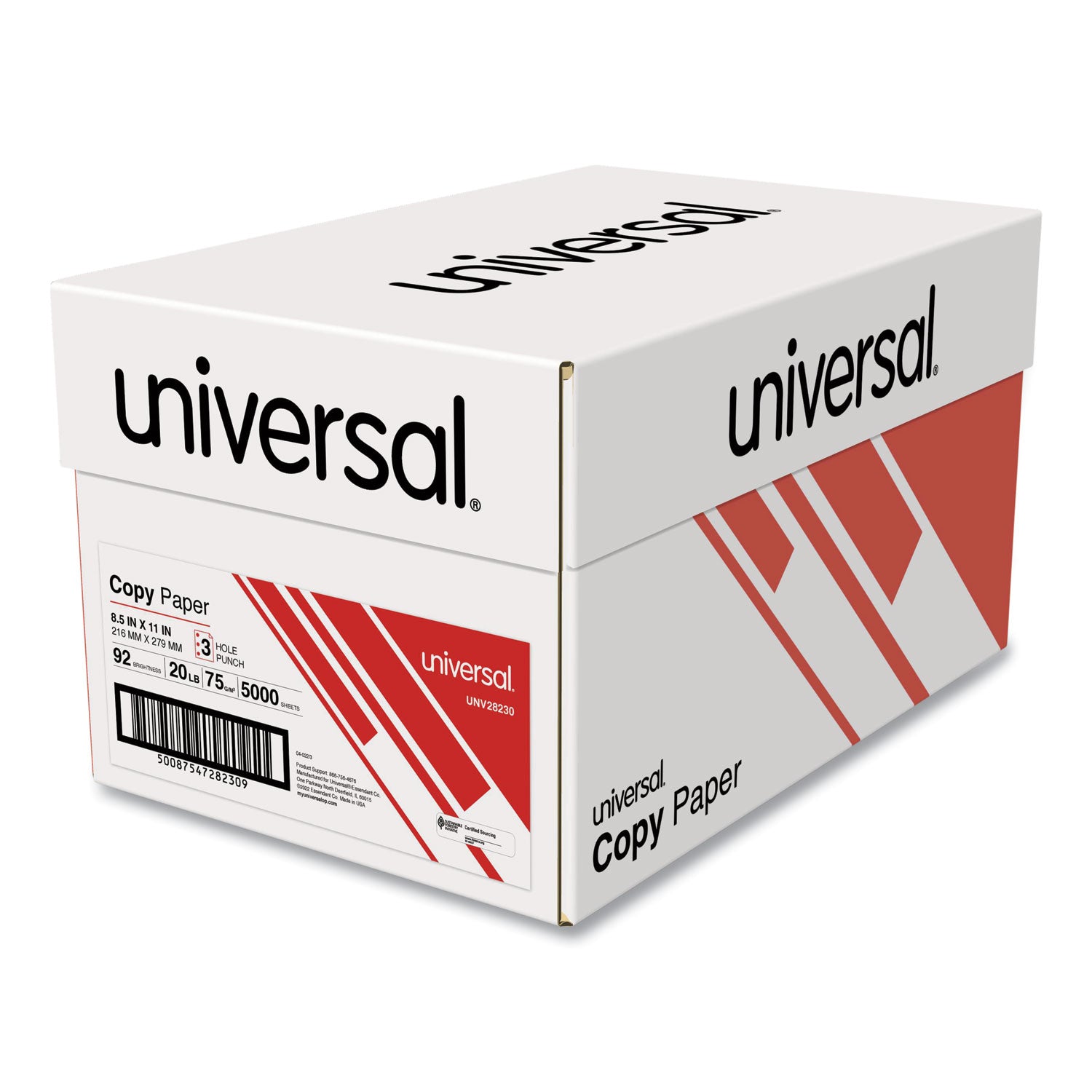 Copy Paper, 92 Bright, 3-Hole, 20 lb Bond Weight, 8.5 x 11, White, 500 Sheets/Ream, 10 Reams/Carton