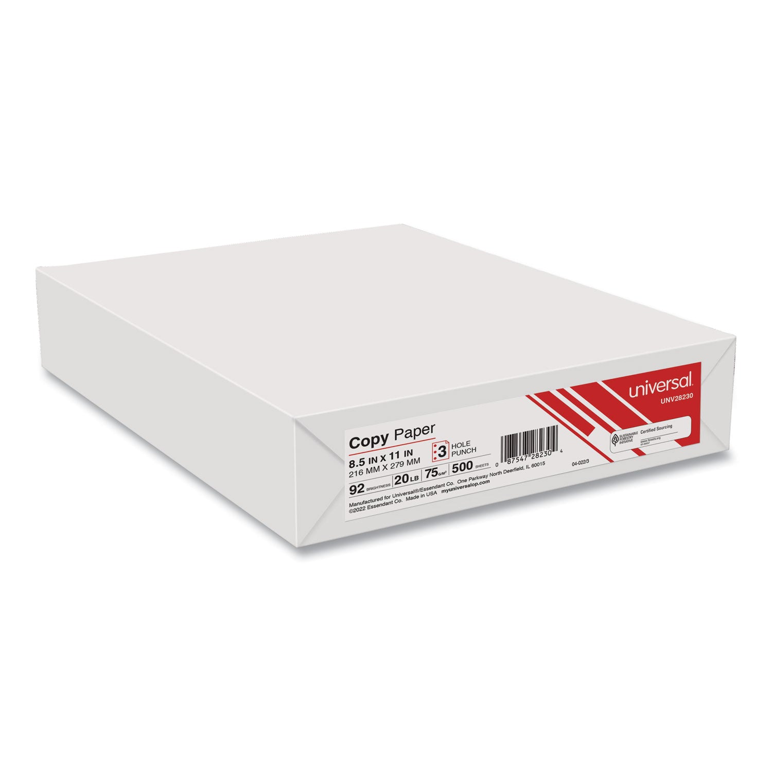 Copy Paper, 92 Bright, 3-Hole, 20 lb Bond Weight, 8.5 x 11, White, 500 Sheets/Ream, 10 Reams/Carton - 3