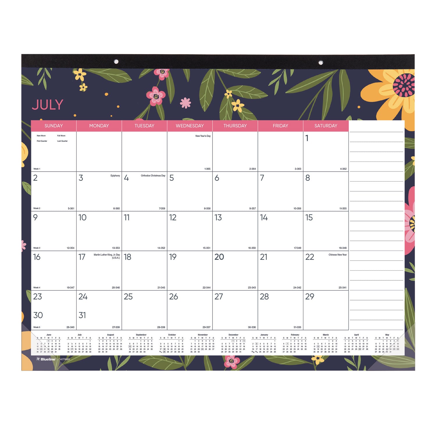 Spring Monthly Academic Desk Pad Calendar, Colorful Blossom Artwork, 22 x 17, Black Binding, 18-Month (July-Dec): 2023-2024 - 1