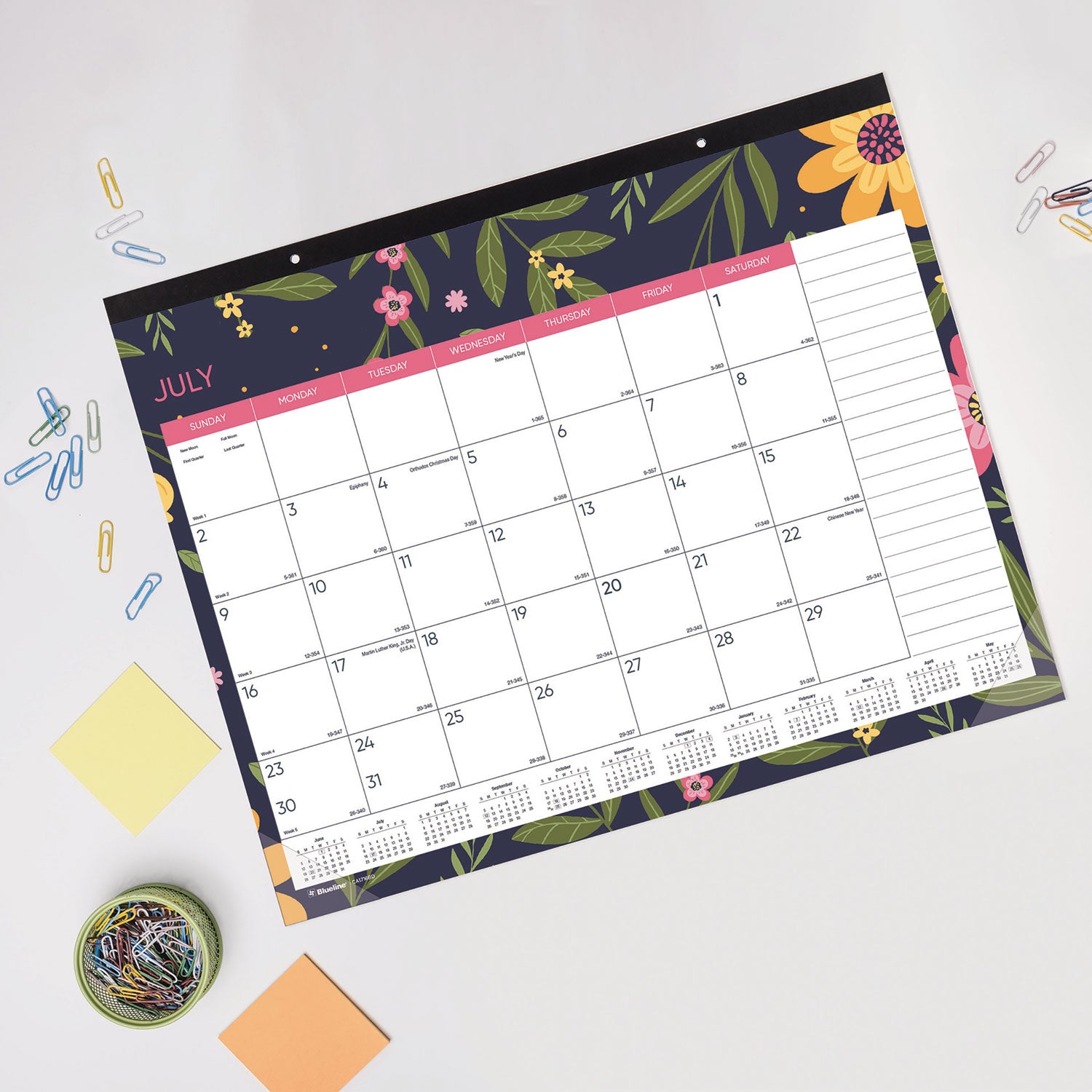 Spring Monthly Academic Desk Pad Calendar, Colorful Blossom Artwork, 22 x 17, Black Binding, 18-Month (July-Dec): 2023-2024