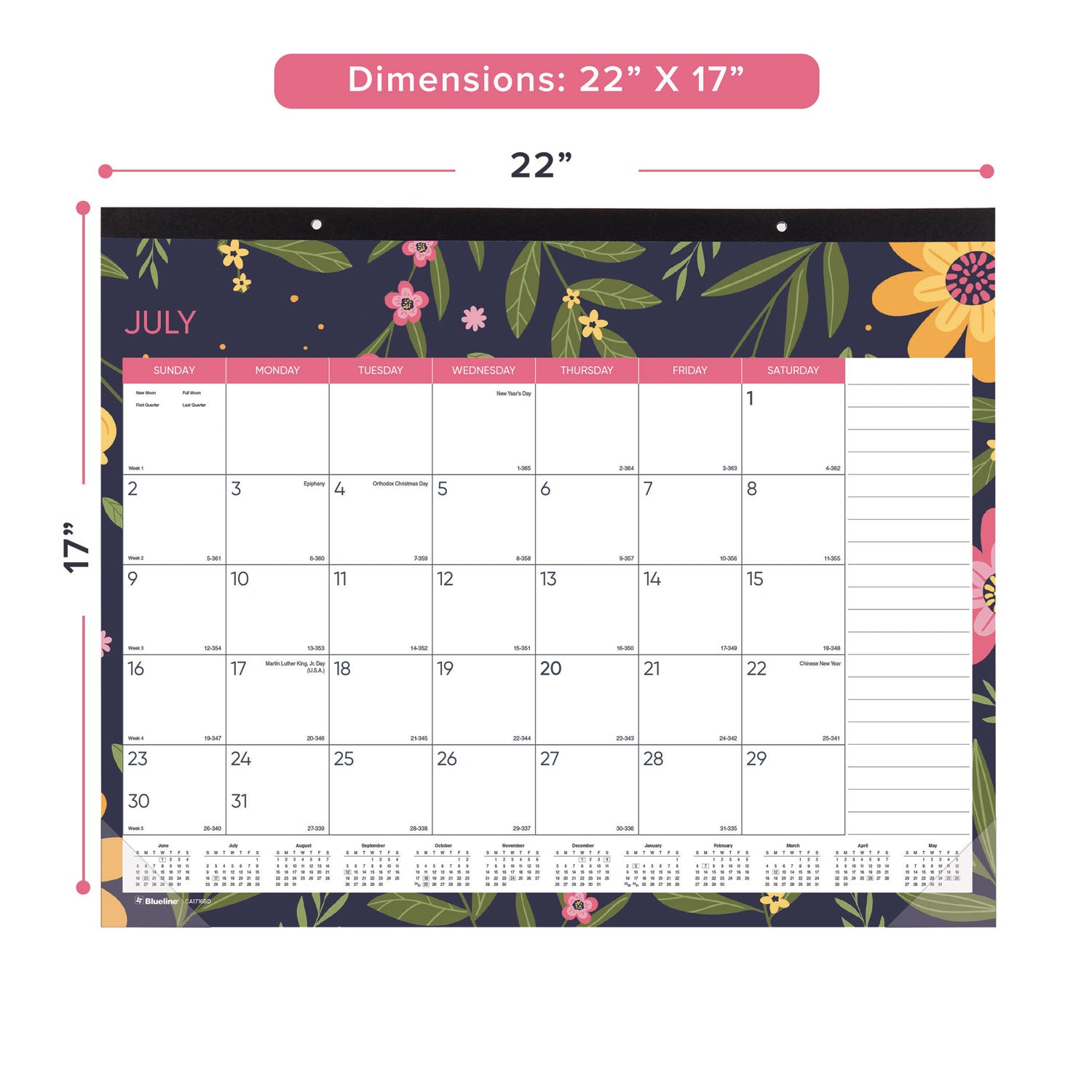 Spring Monthly Academic Desk Pad Calendar, Colorful Blossom Artwork, 22 x 17, Black Binding, 18-Month (July-Dec): 2023-2024 - 2