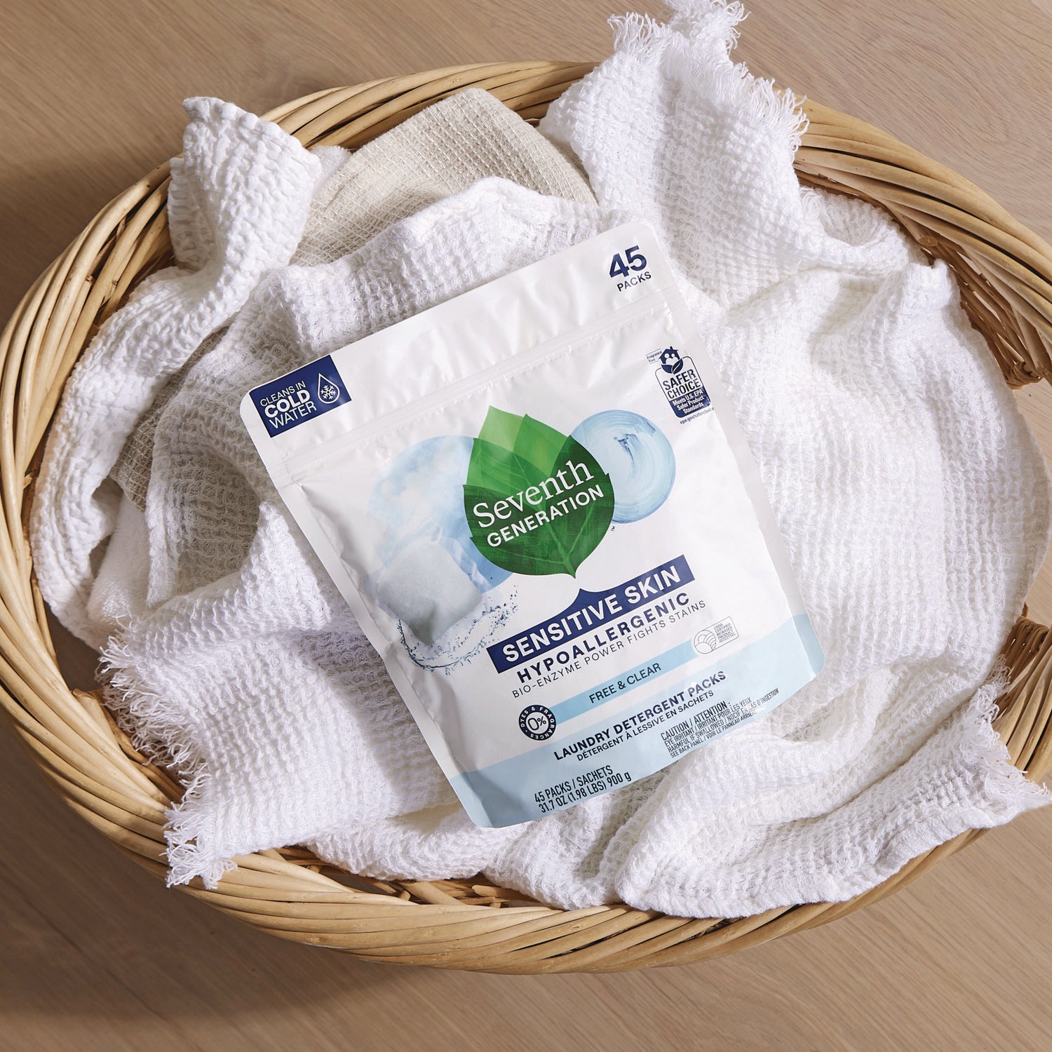 Natural Laundry Detergent Packs, Powder, Unscented, 45 Packets/Pack