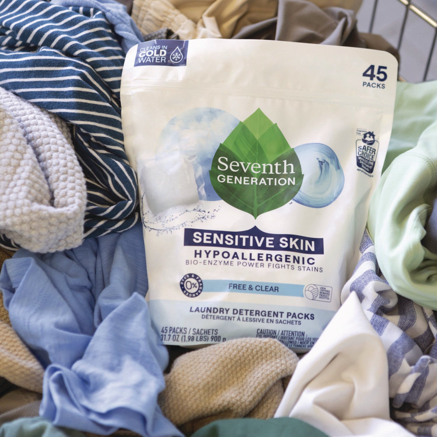 Natural Laundry Detergent Packs, Powder, Unscented, 45 Packets/Pack