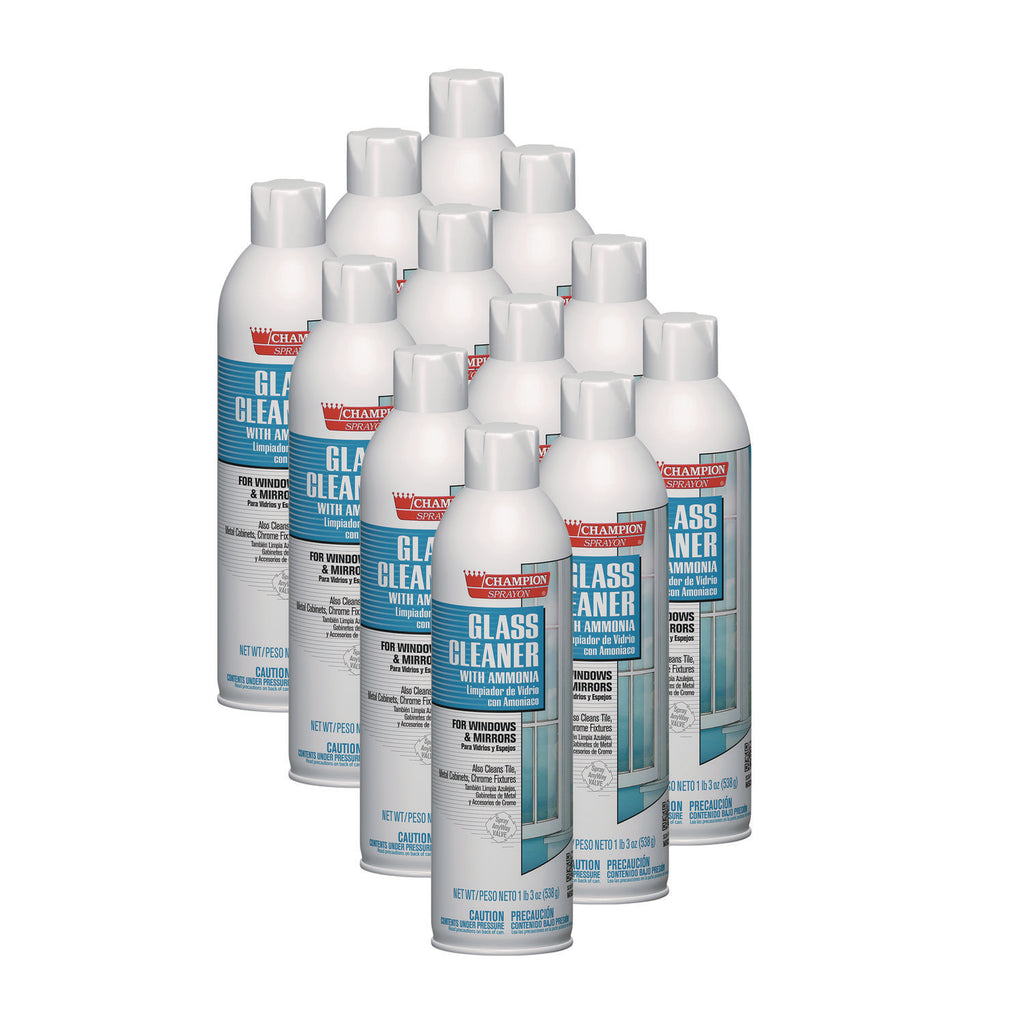 Champion Sprayon Glass Cleaner with Ammonia, 19 oz Aerosol Spray, 12/Carton