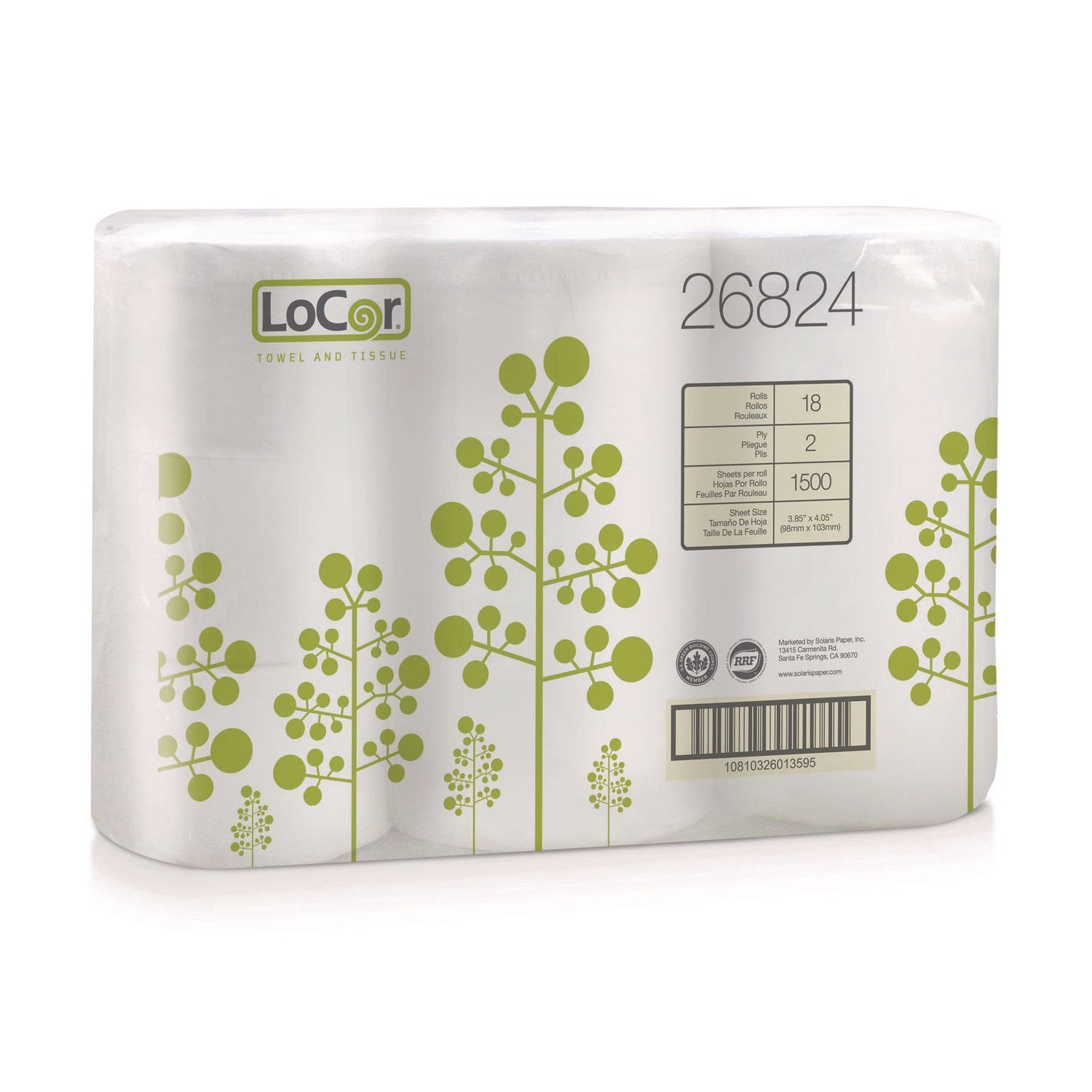 LoCor Bath Tissue - 2 Ply - 3.85" x 4.05" - 1500 Sheets/Roll - White - Fiber - Eco-friendly, Soft - For Hand - 18 / Carton - 2