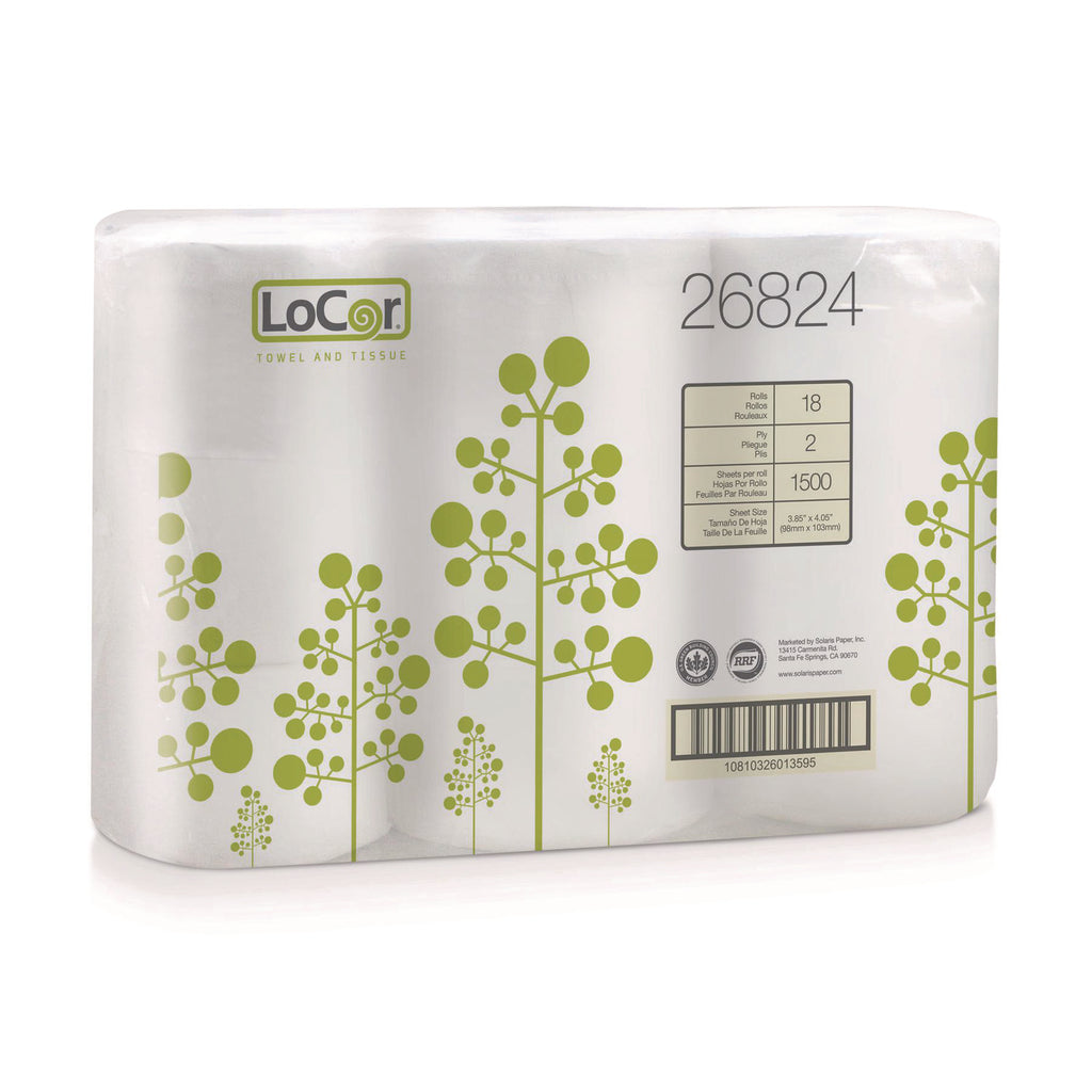 LoCor Bath Tissue - 2 Ply - 3.85" x 4.05" - 1500 Sheets/Roll - White - Fiber - Eco-friendly, Soft - For Hand - 18 / Carton