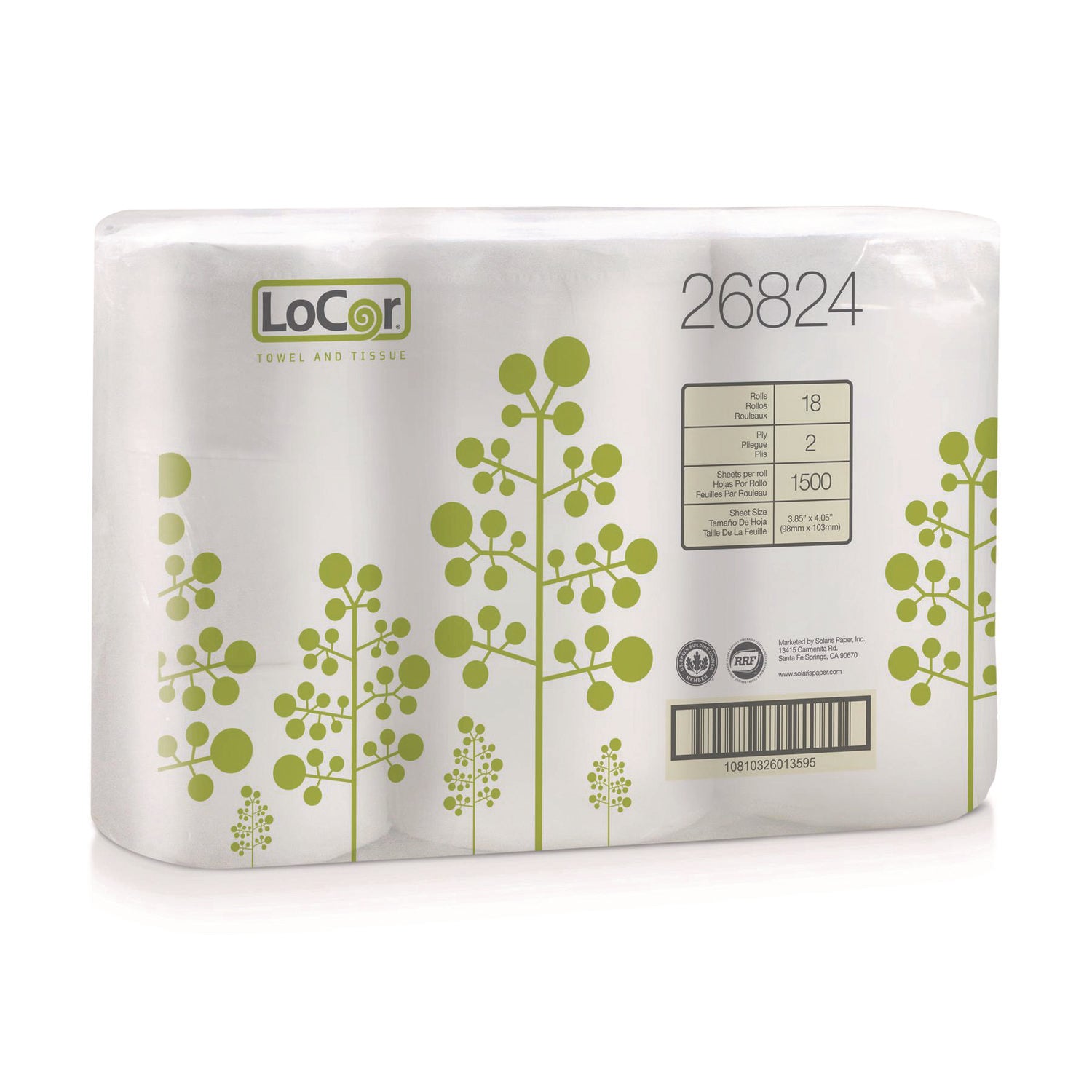 LoCor Bath Tissue - 2 Ply - 3.85" x 4.05" - 1500 Sheets/Roll - White - Fiber - Eco-friendly, Soft - For Hand - 18 / Carton