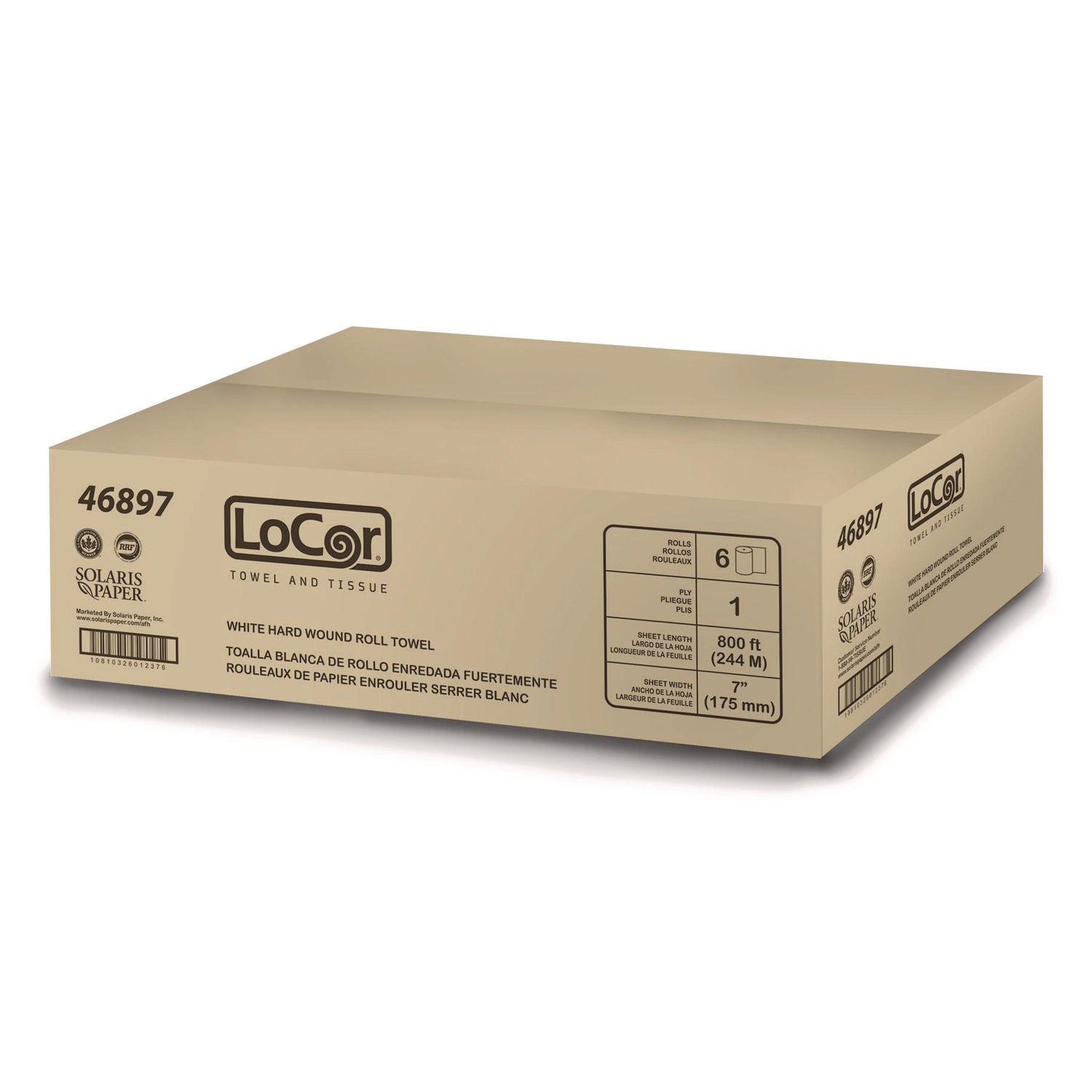LoCor Hard Wound Roll Towels - 1 Ply - 7" x 800 ft - White - Virgin Fiber - Embossed, Strong, Absorbent - For Washroom - 6 Rolls Per Carton - 6 / Carton - 2