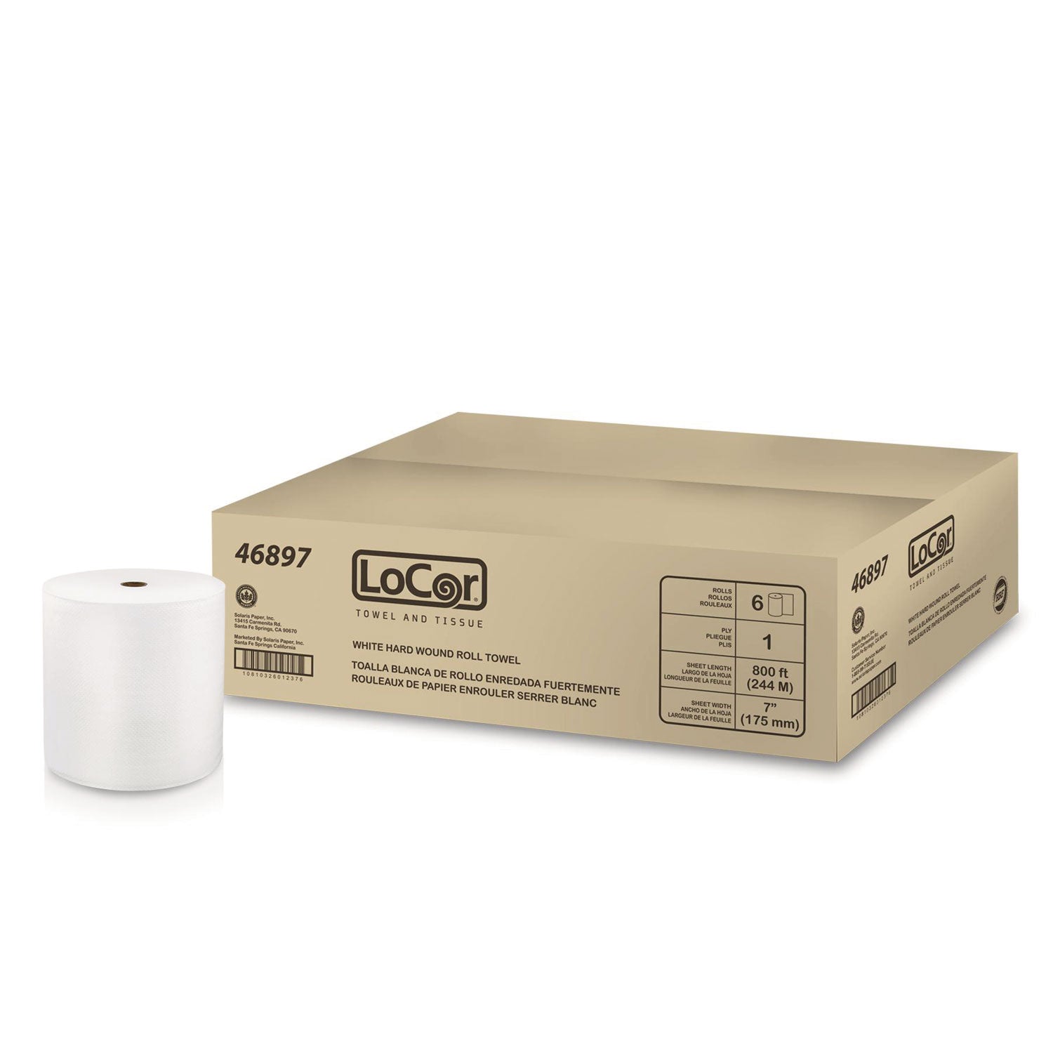 LoCor Hard Wound Roll Towels - 1 Ply - 7" x 800 ft - White - Virgin Fiber - Embossed, Strong, Absorbent - For Washroom - 6 Rolls Per Carton - 6 / Carton - 3