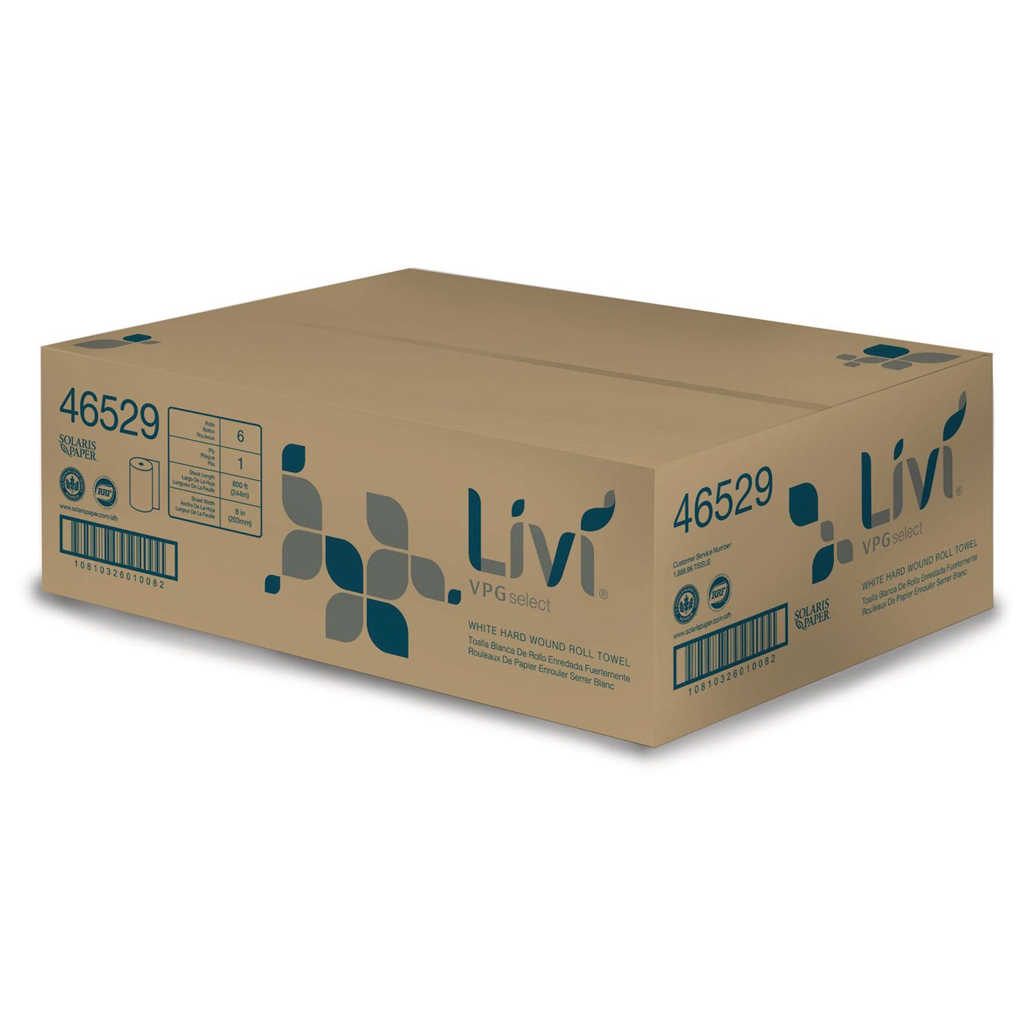 Livi Solaris Paper Hardwound Paper Towels - 1 Ply - 8" x 800 ft - White - Virgin Fiber - Embossed, Absorbent, Durable - For Hand - 6 / Carton