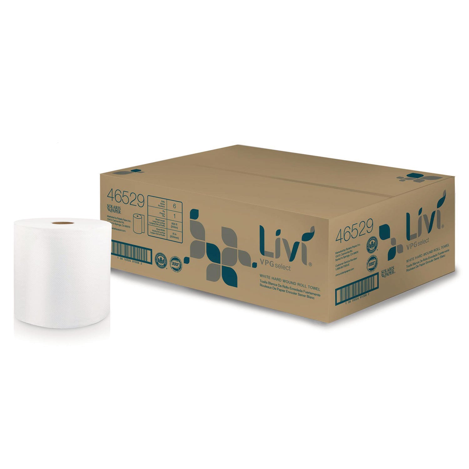 Livi Solaris Paper Hardwound Paper Towels - 1 Ply - 8" x 800 ft - White - Virgin Fiber - Embossed, Absorbent, Durable - For Hand - 6 / Carton