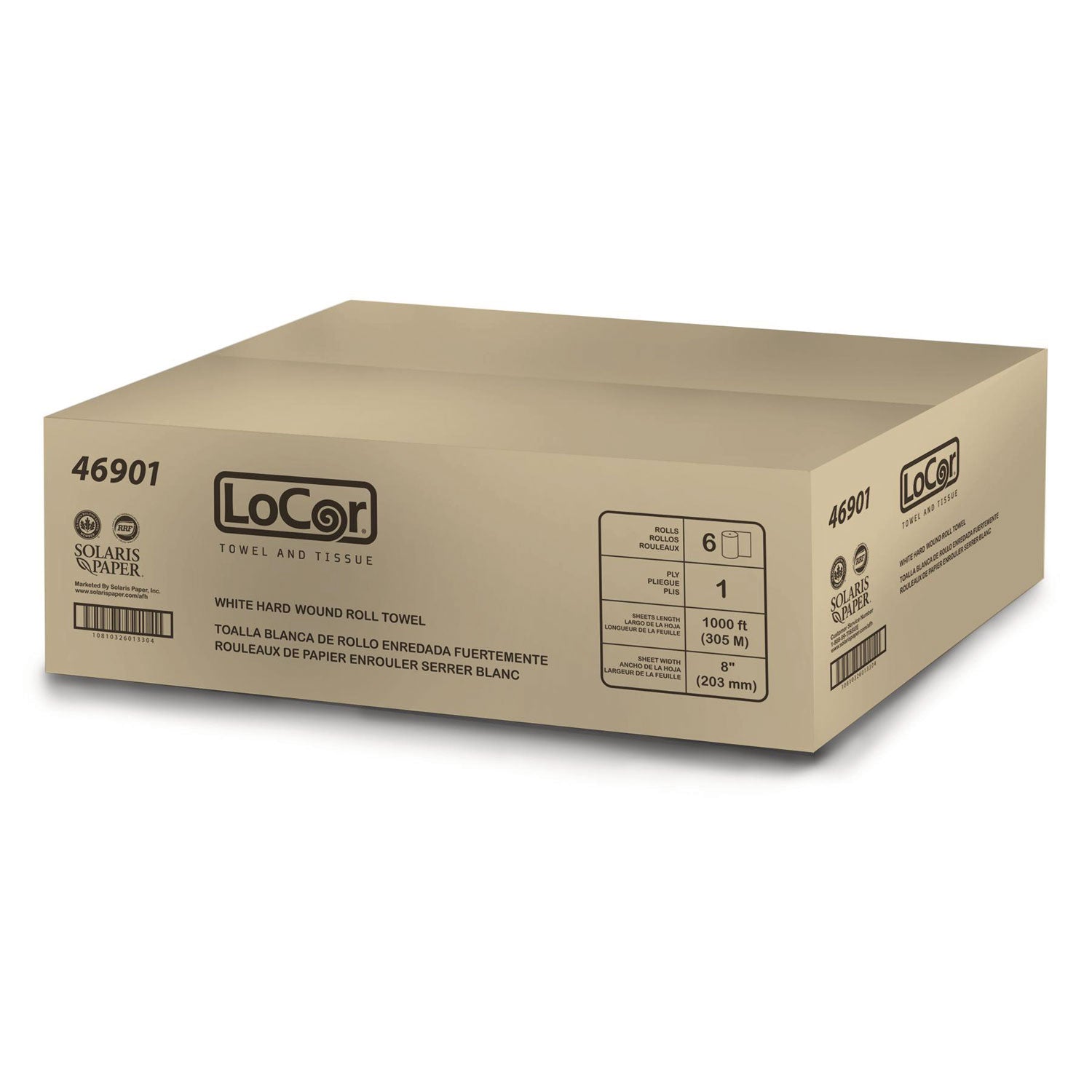 LoCor Hardwound Roll Towels - 1 Ply - 8" x 1000 ft - Bright White - Fiber - Eco-friendly, Soft, Absorbent, Strong - For Hand - 6 / Carton