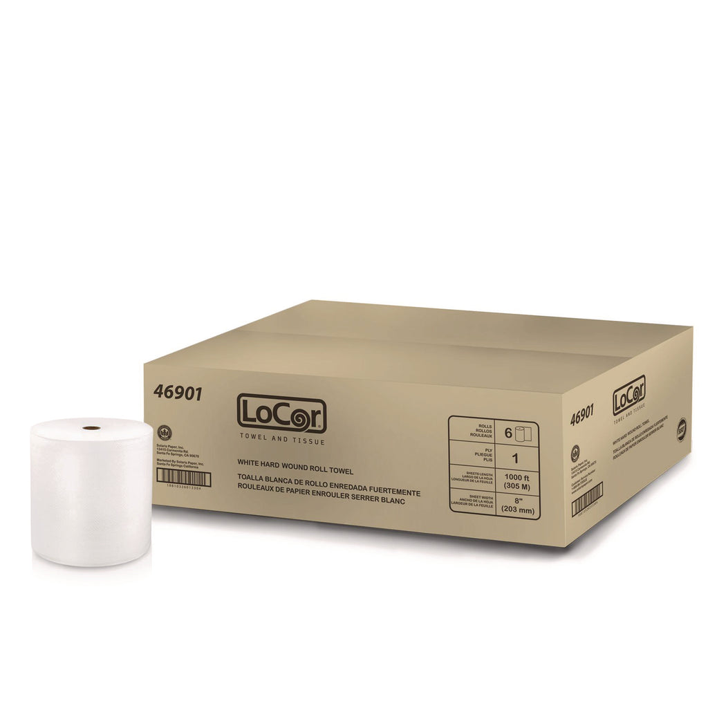 LoCor Hardwound Roll Towels - 1 Ply - 8" x 1000 ft - Bright White - Fiber - Eco-friendly, Soft, Absorbent, Strong - For Hand - 6 / Carton
