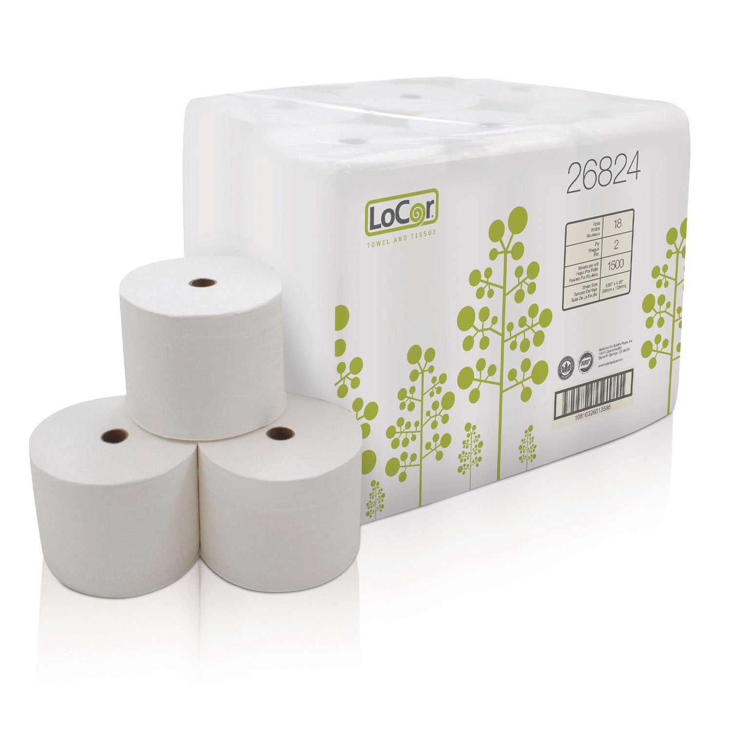 LoCor Bath Tissue - 2 Ply - 3.85" x 4.05" - 1500 Sheets/Roll - White - Fiber - Eco-friendly, Soft - For Hand - 18 / Carton - 3