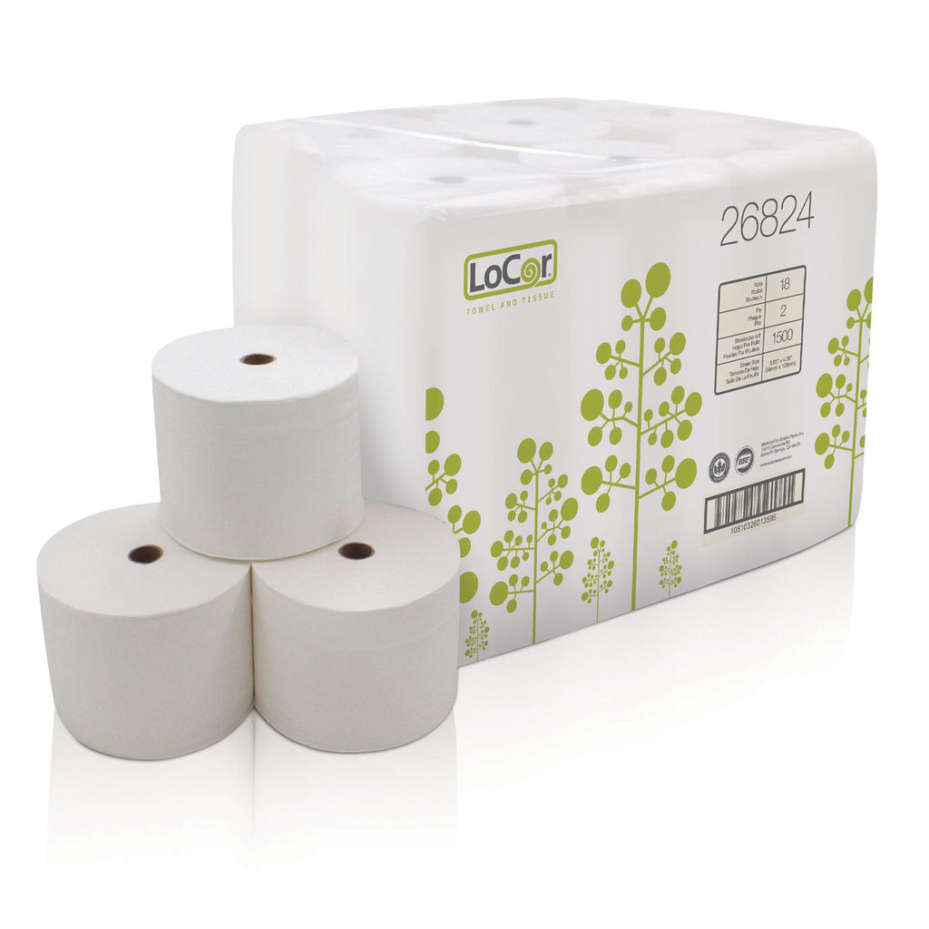 LoCor Bath Tissue - 2 Ply - 3.85" x 4.05" - 1500 Sheets/Roll - White - Fiber - Eco-friendly, Soft - For Hand - 18 / Carton