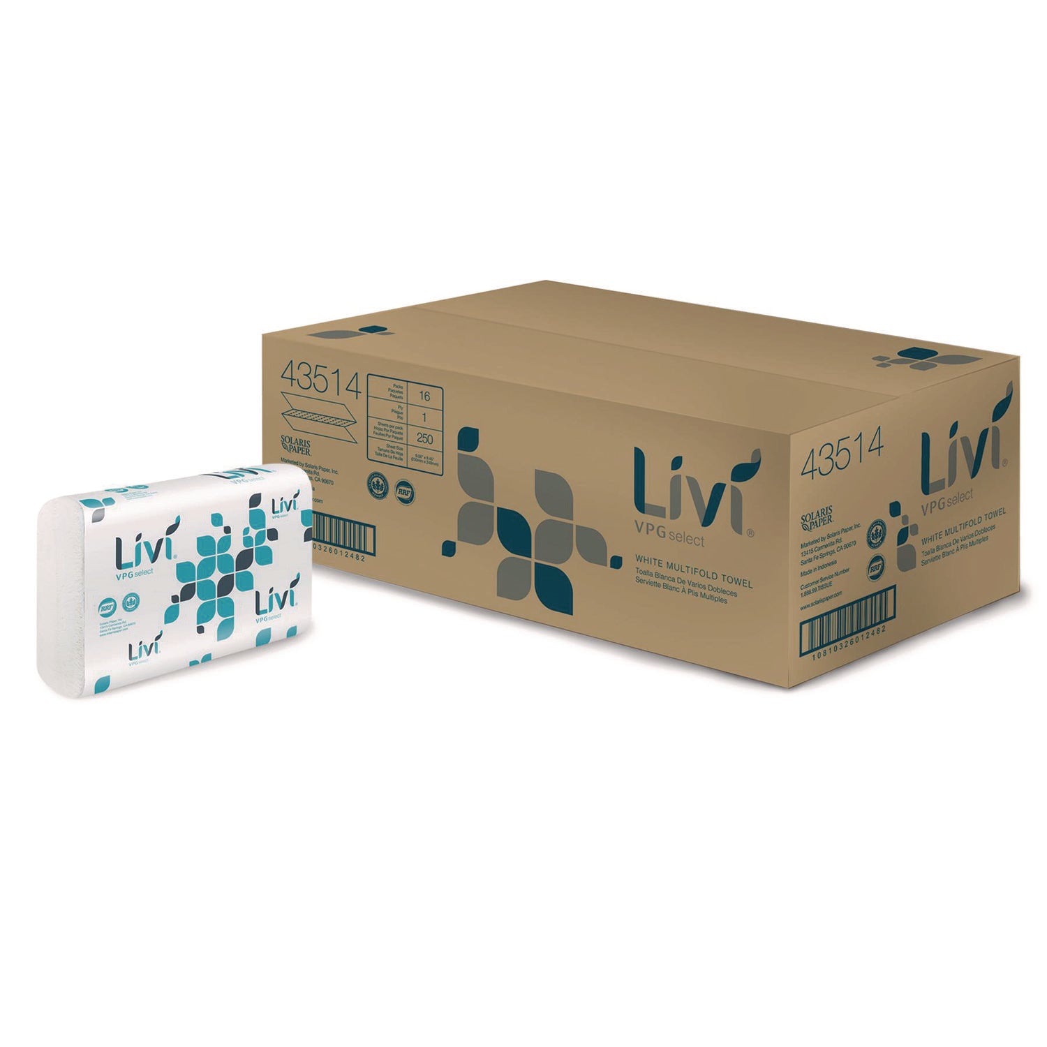 Livi VPG Select Multifold Towel - 1 Ply - Multifold - 9.06" x 9.45" - White - Virgin Fiber - Soft, Embossed, Absorbent, Eco-friendly - For Office Building - 250 Per Pack - 16 / Carton