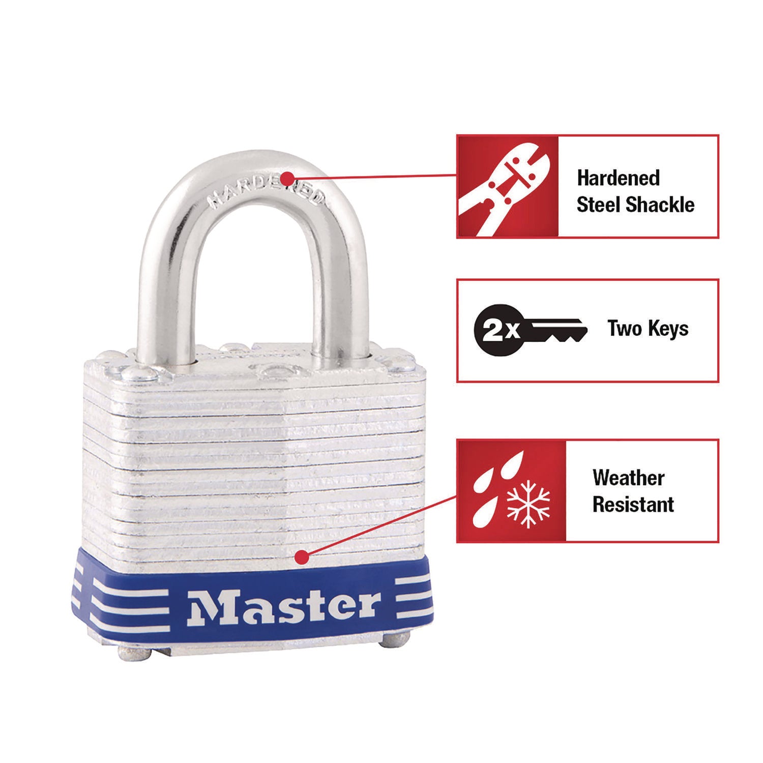 Four-Pin Tumbler Lock, Laminated Steel Body, 1.56" Wide, Silver/Blue, 2 Keys