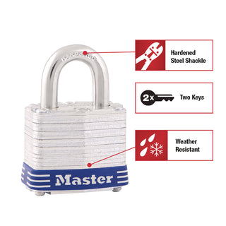 Four-Pin Tumbler Lock, Laminated Steel Body, 1.12" Wide, Silver/Blue, 2 Keys