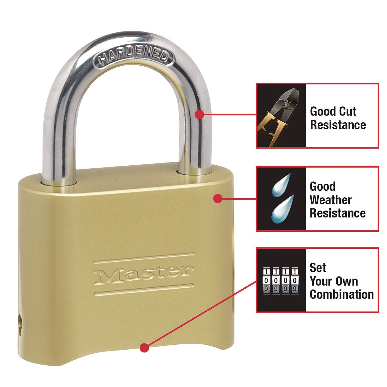 Resettable Combination Padlock, 2" Wide, Brass - 3