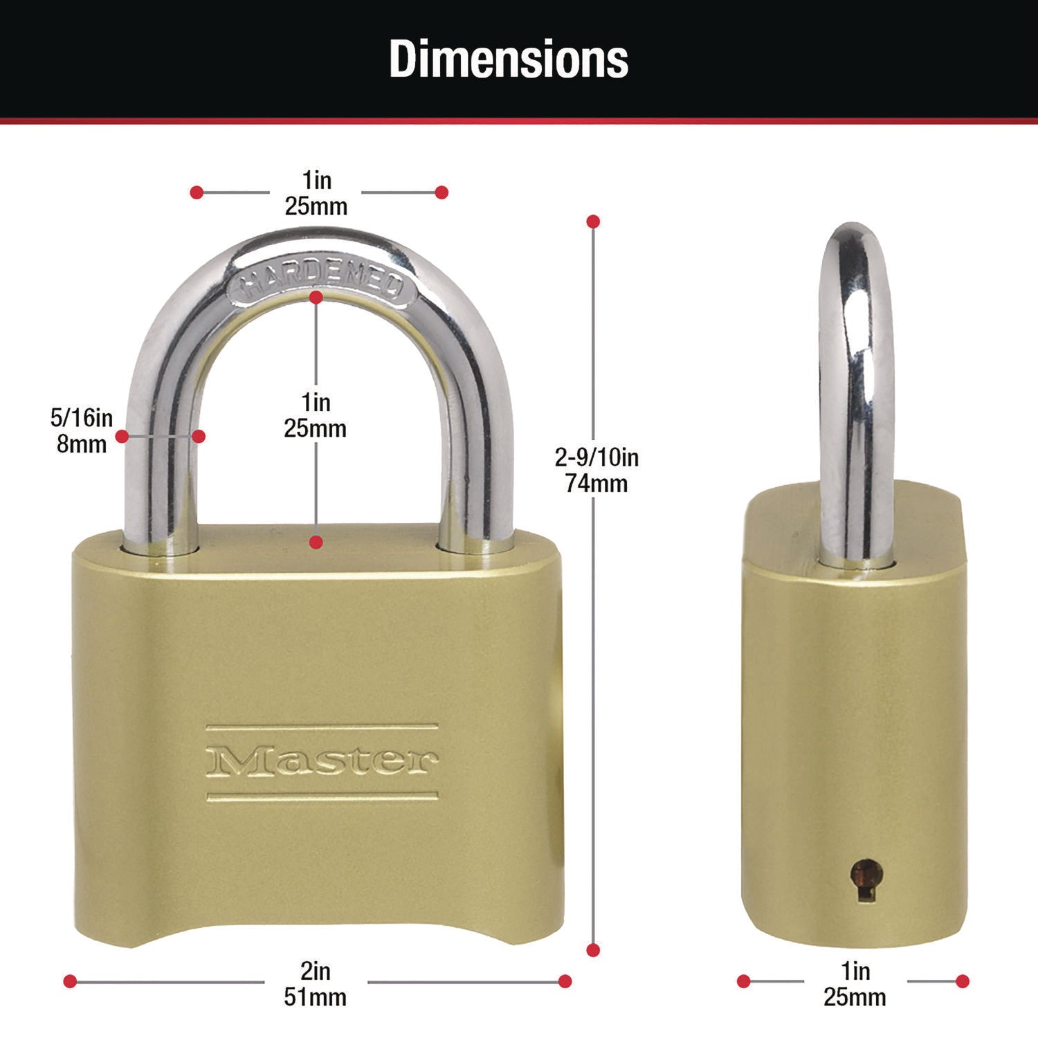 Resettable Combination Padlock, 2" Wide, Brass - 4