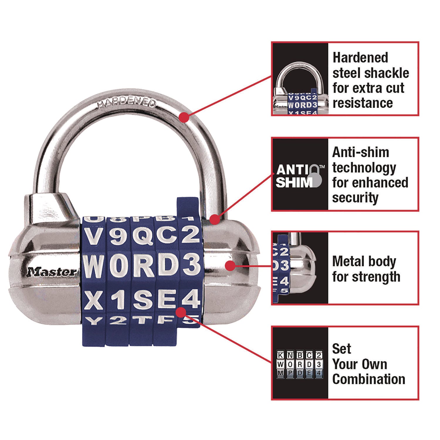 Password Plus Combination Lock, Hardened Steel Shackle, 2.5" Wide, Chrome/Assorted - 6