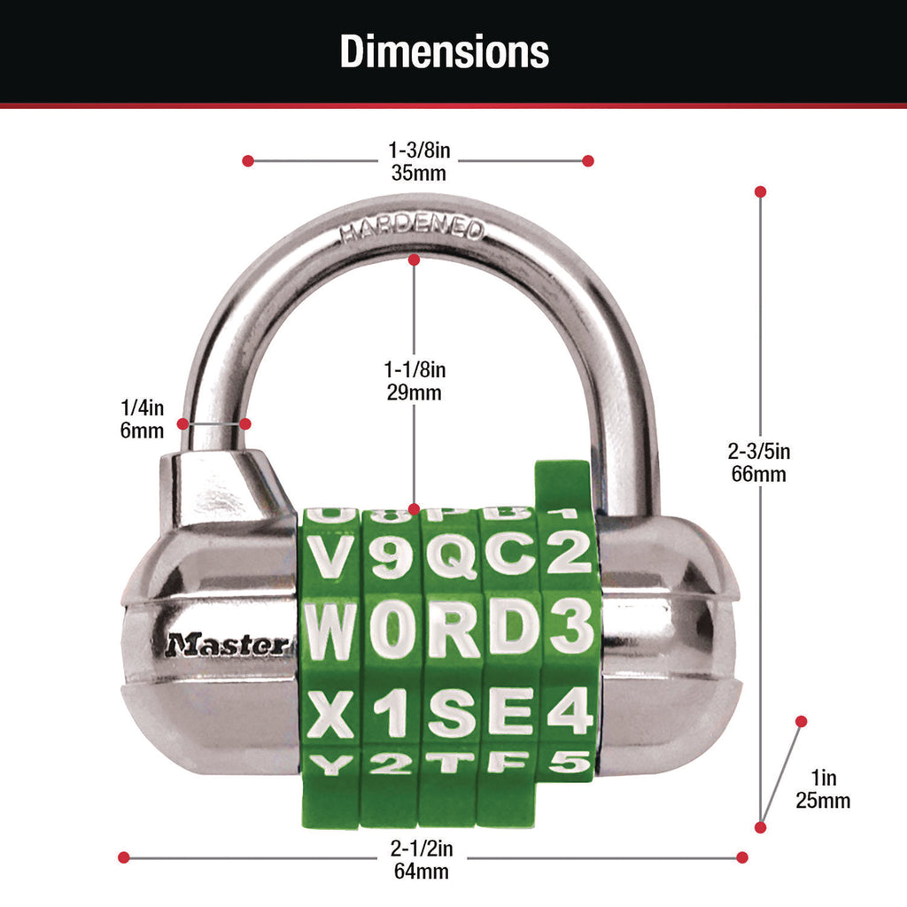 Password Plus Combination Lock, Hardened Steel Shackle, 2.5" Wide, Chrome/Assorted - 7