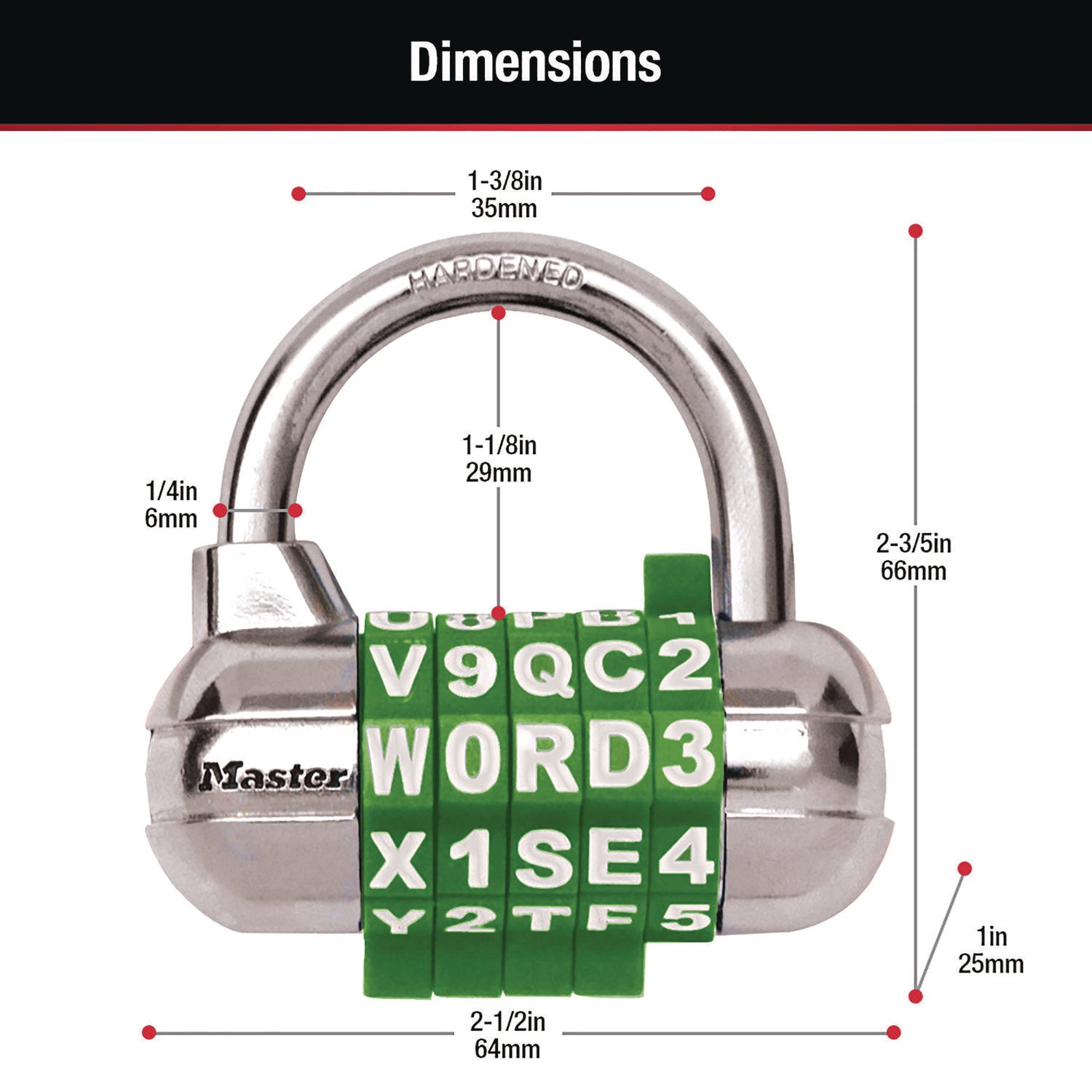 Password Plus Combination Lock, Hardened Steel Shackle, 2.5" Wide, Chrome/Assorted