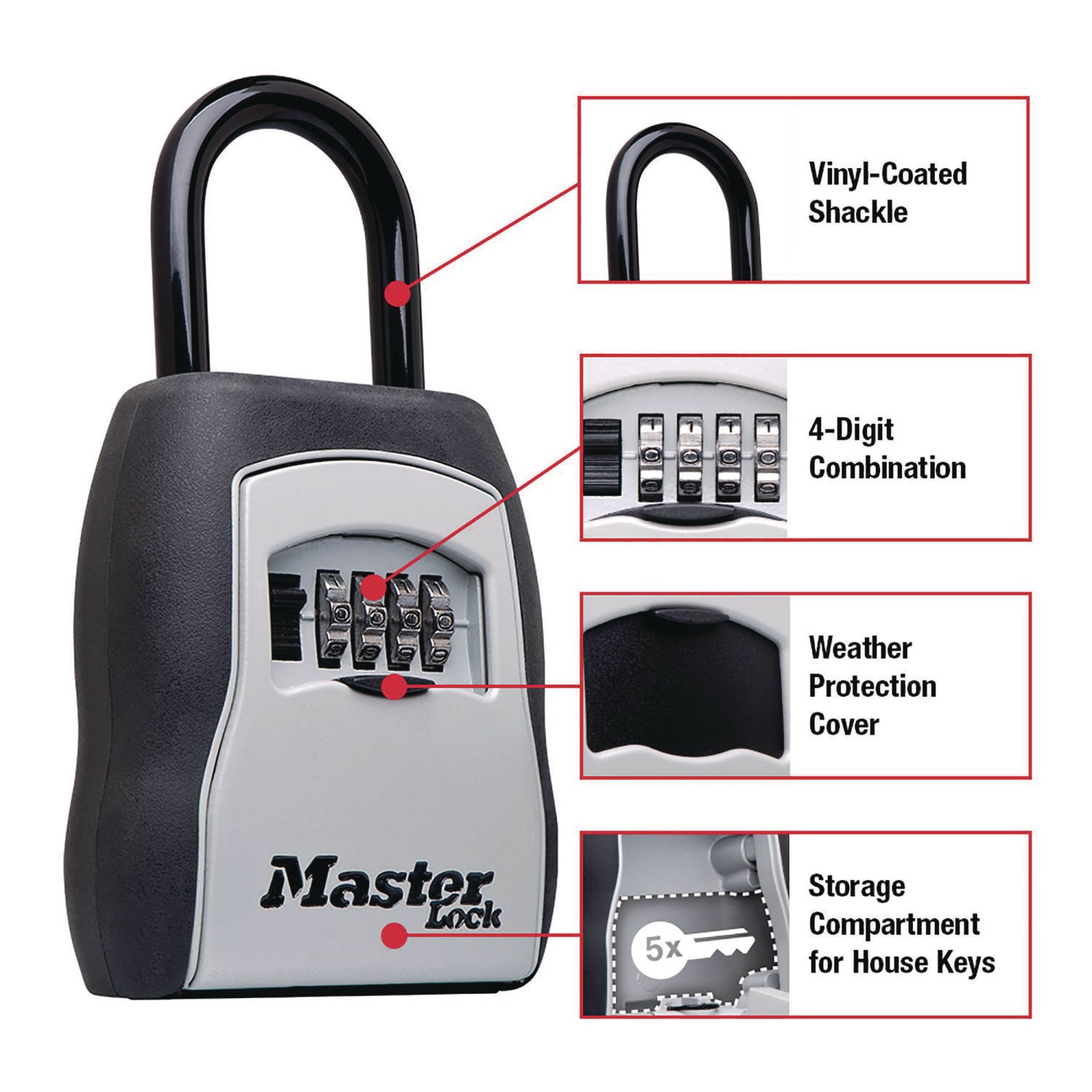 Locking Combination 5 Key Steel Box, 3.25" Wide, Black/Silver - 3
